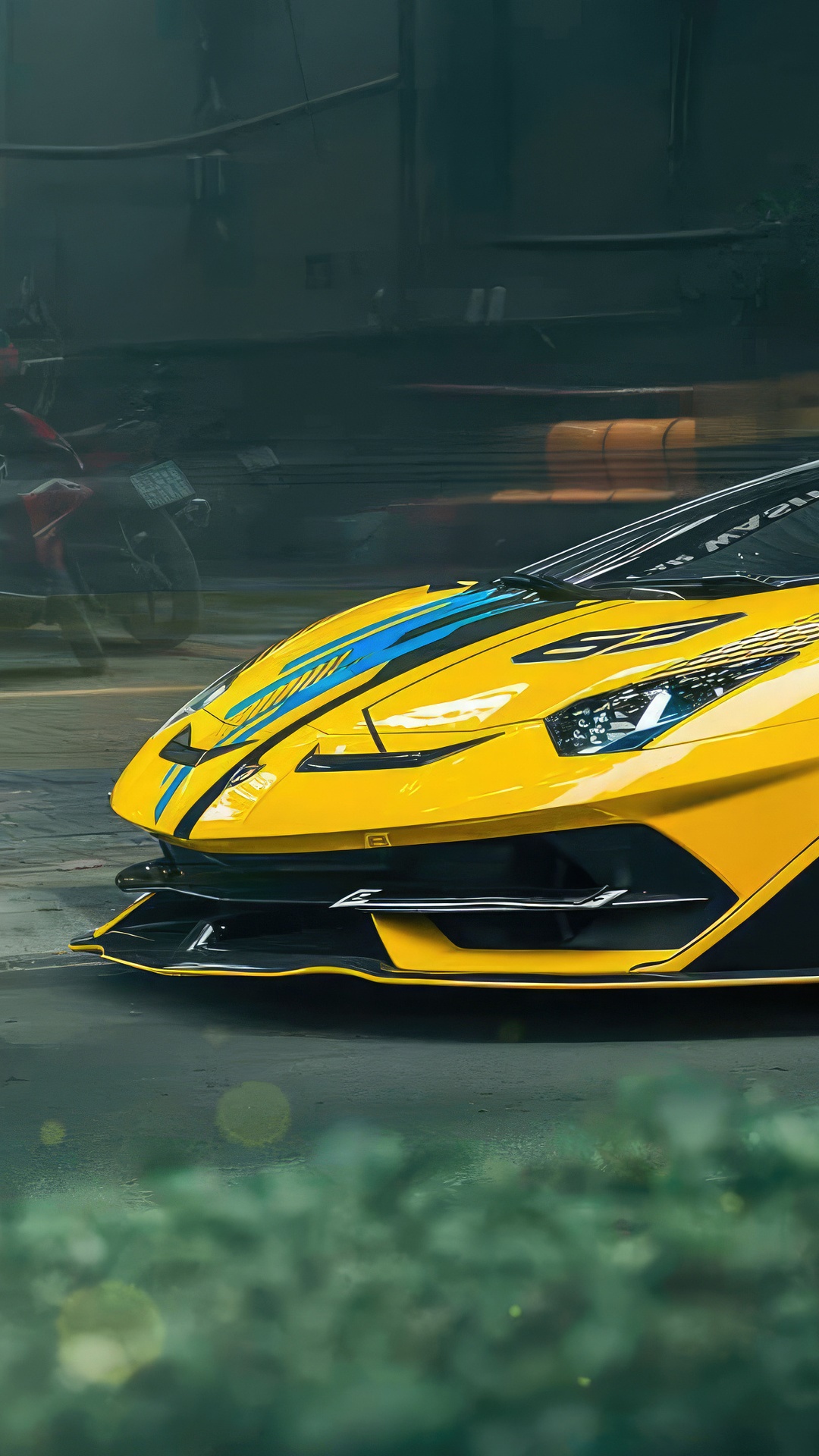 Yellow Lamborghini Aventador SVJ with blue stripes HD Phone Wallpaper