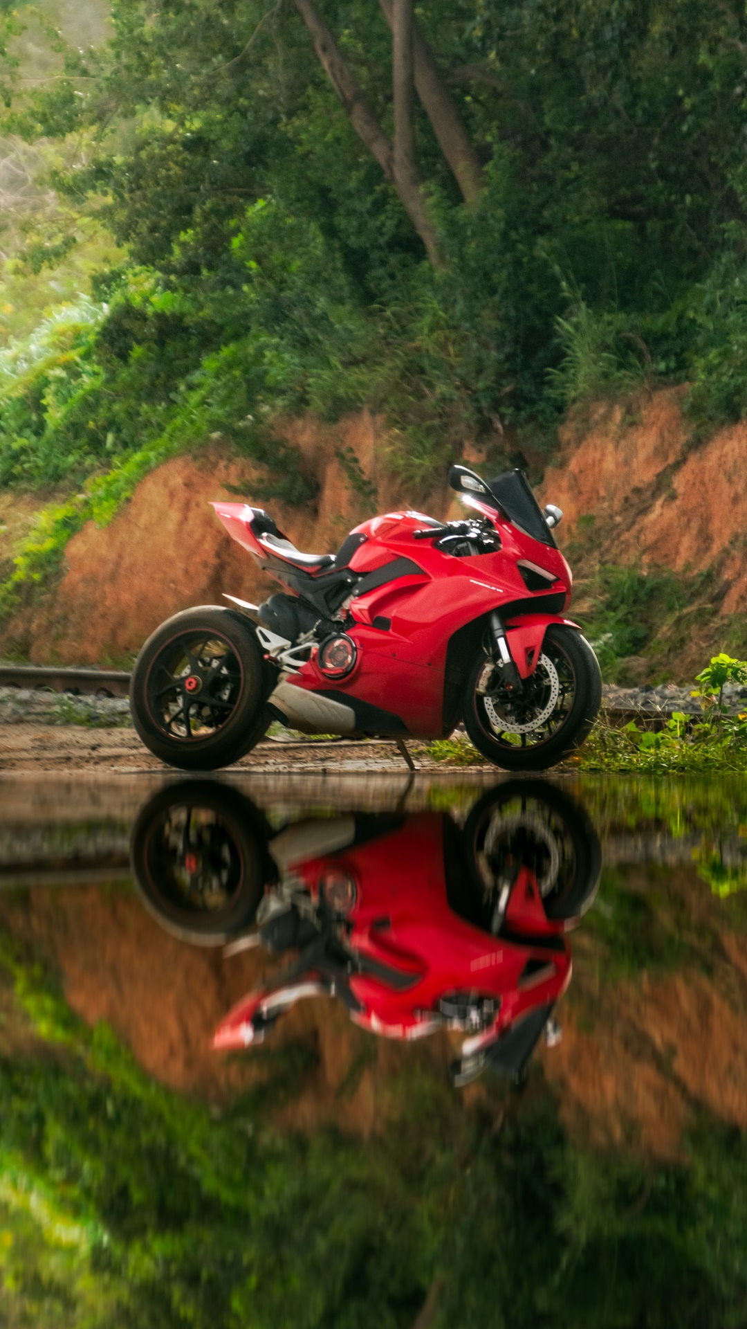 Red Ducati Motorcycle Reflection in Water HD Phone Wallpaper
