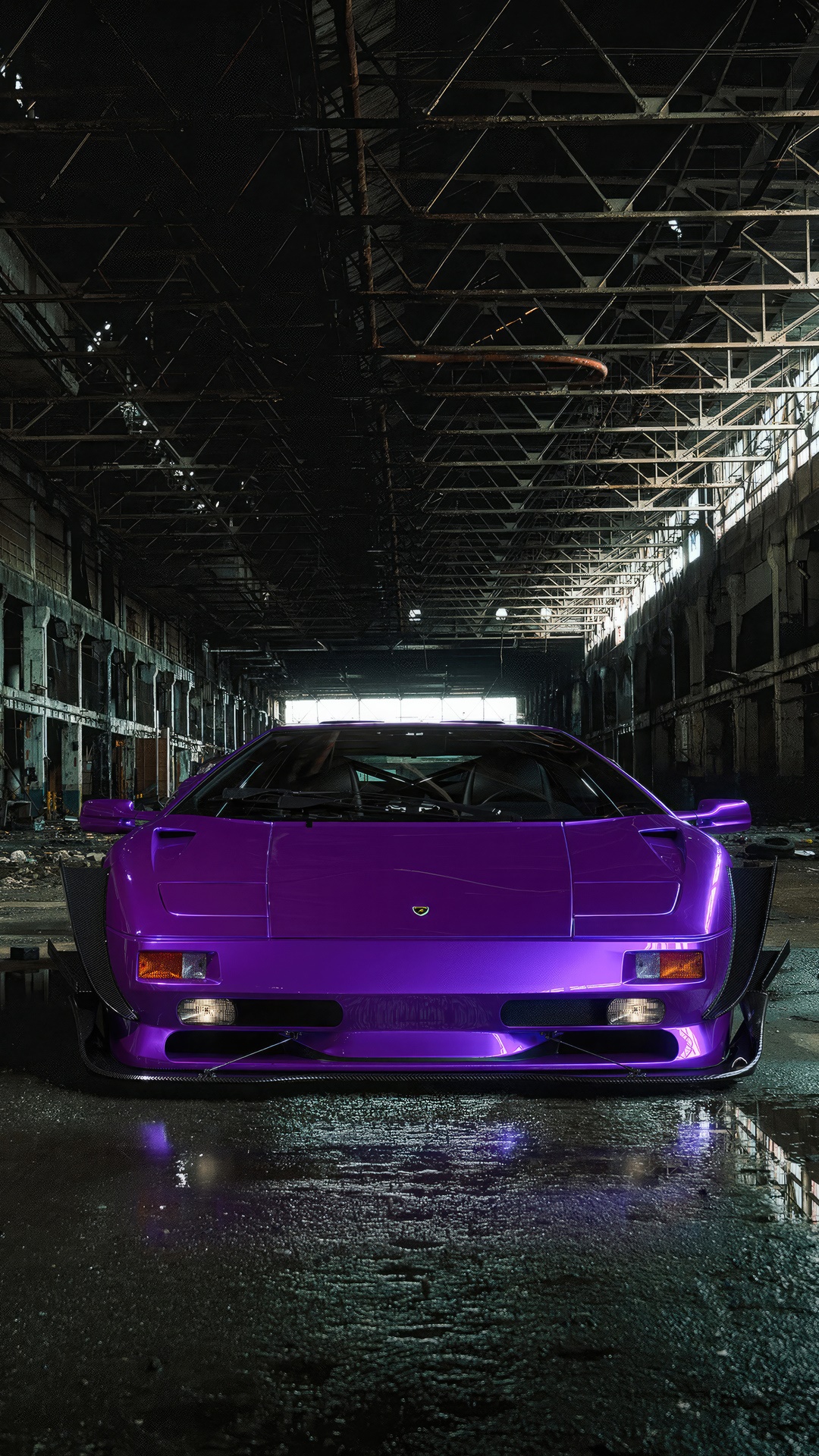Purple Lamborghini Diablo in Abandoned Warehouse 4K HD Phone Wallpaper