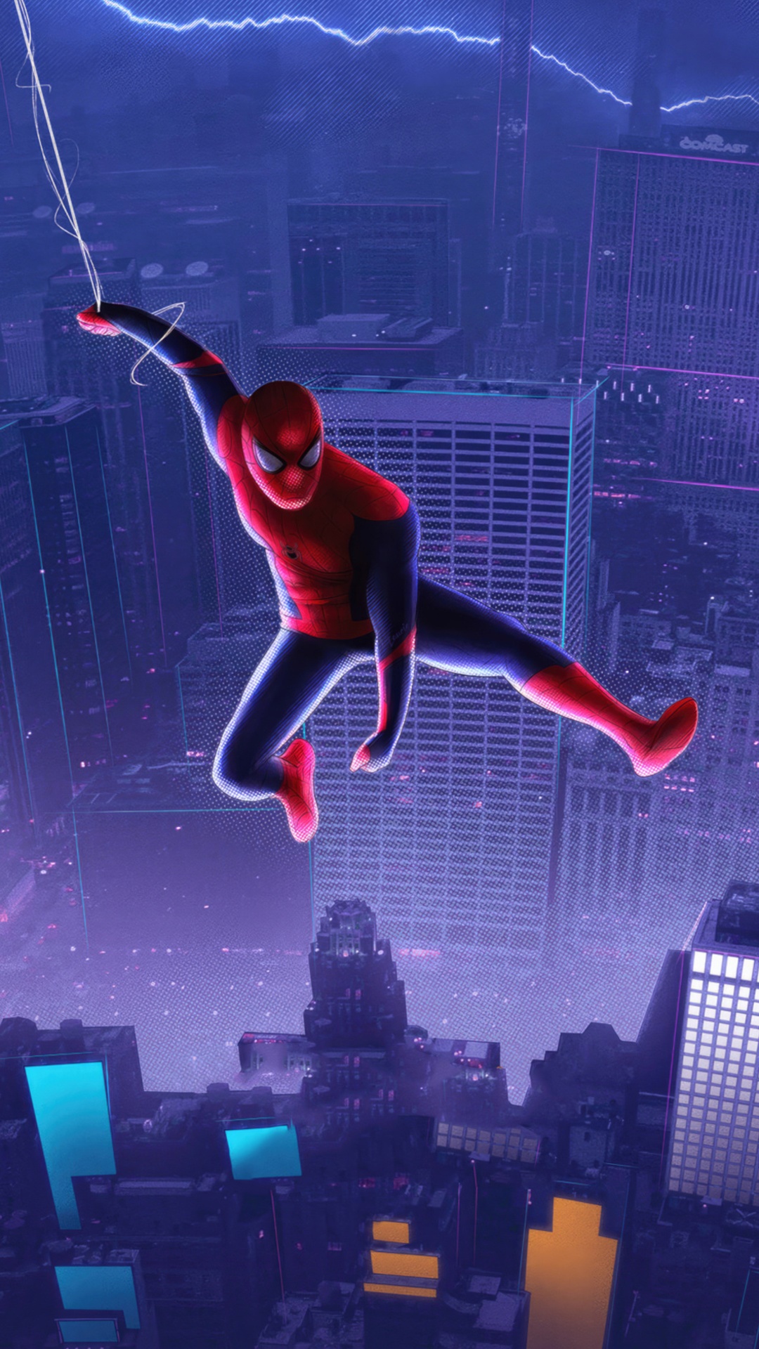 Spider-Man swinging through a futuristic city at night HD Phone Wallpaper