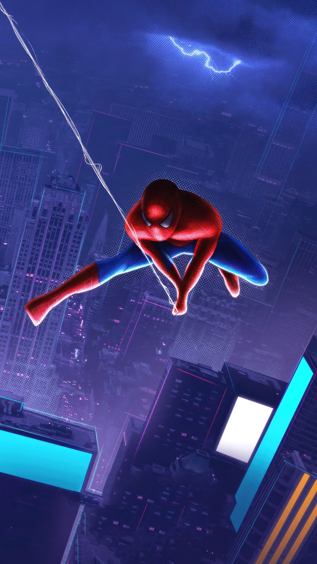 Spider-Man swinging through a neon city at night HD Phone Wallpaper