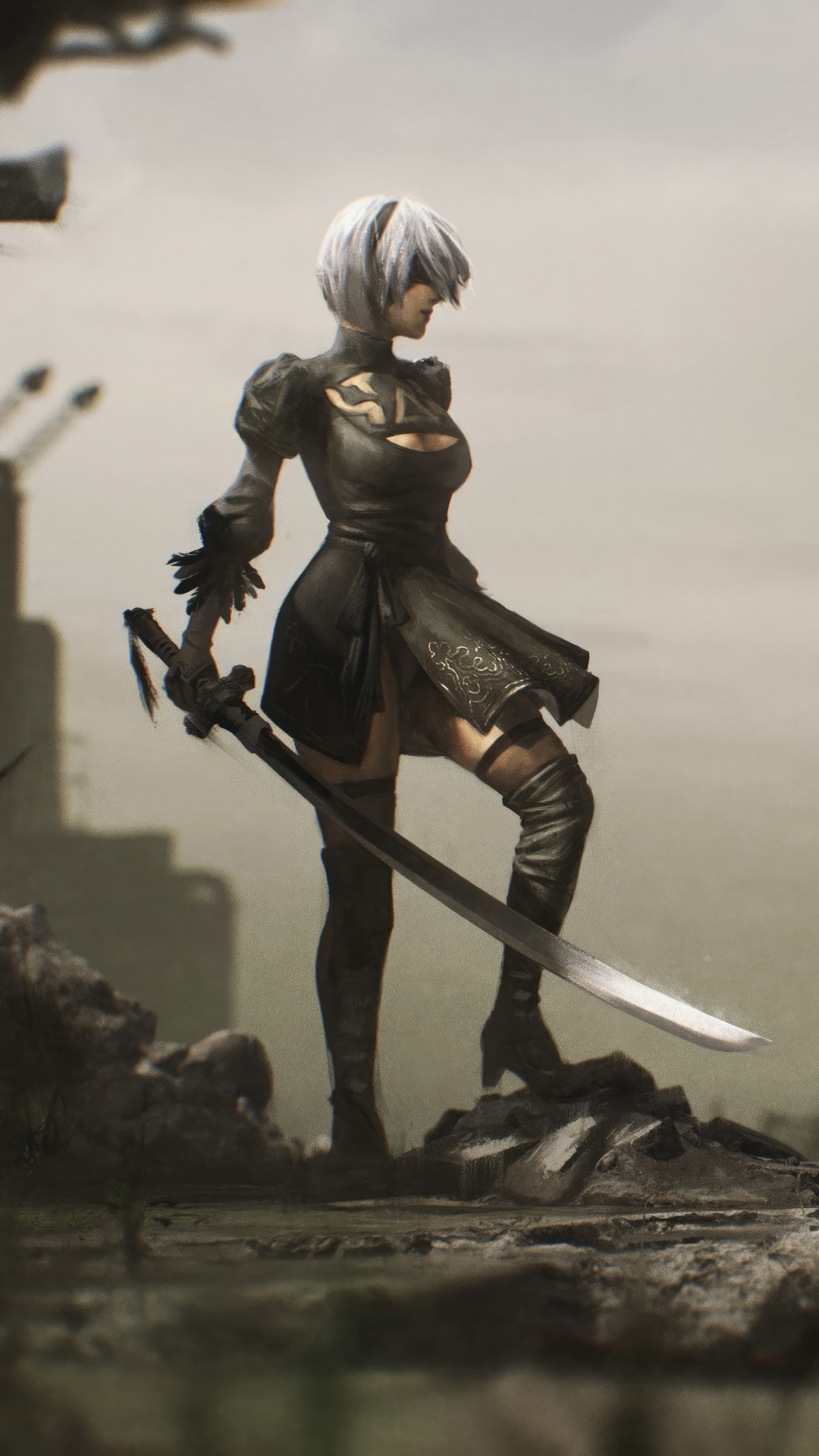 2B from Nier Automata holding a sword HD Phone Wallpaper