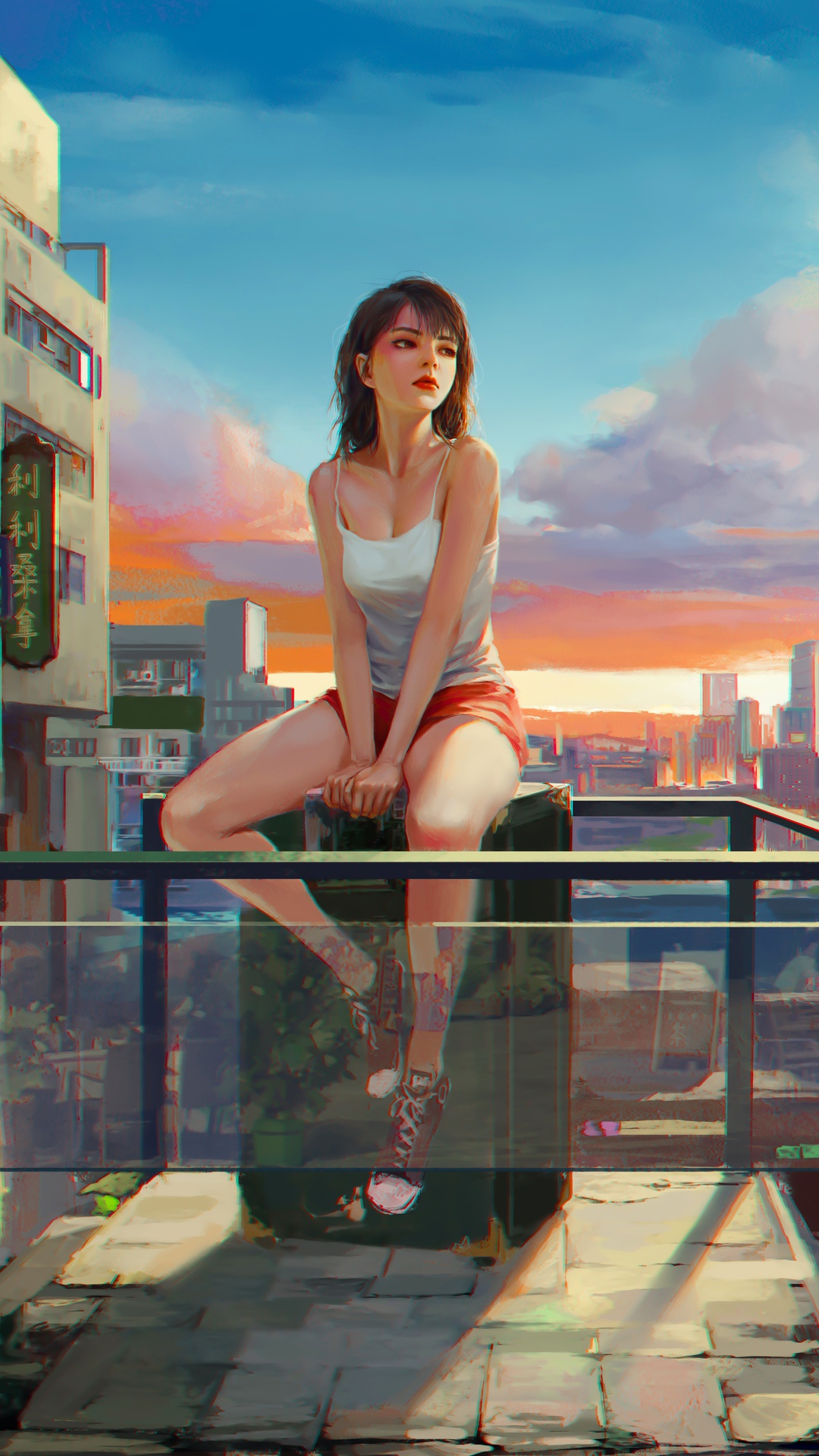 Woman sitting on a rooftop at sunset HD Phone Wallpaper