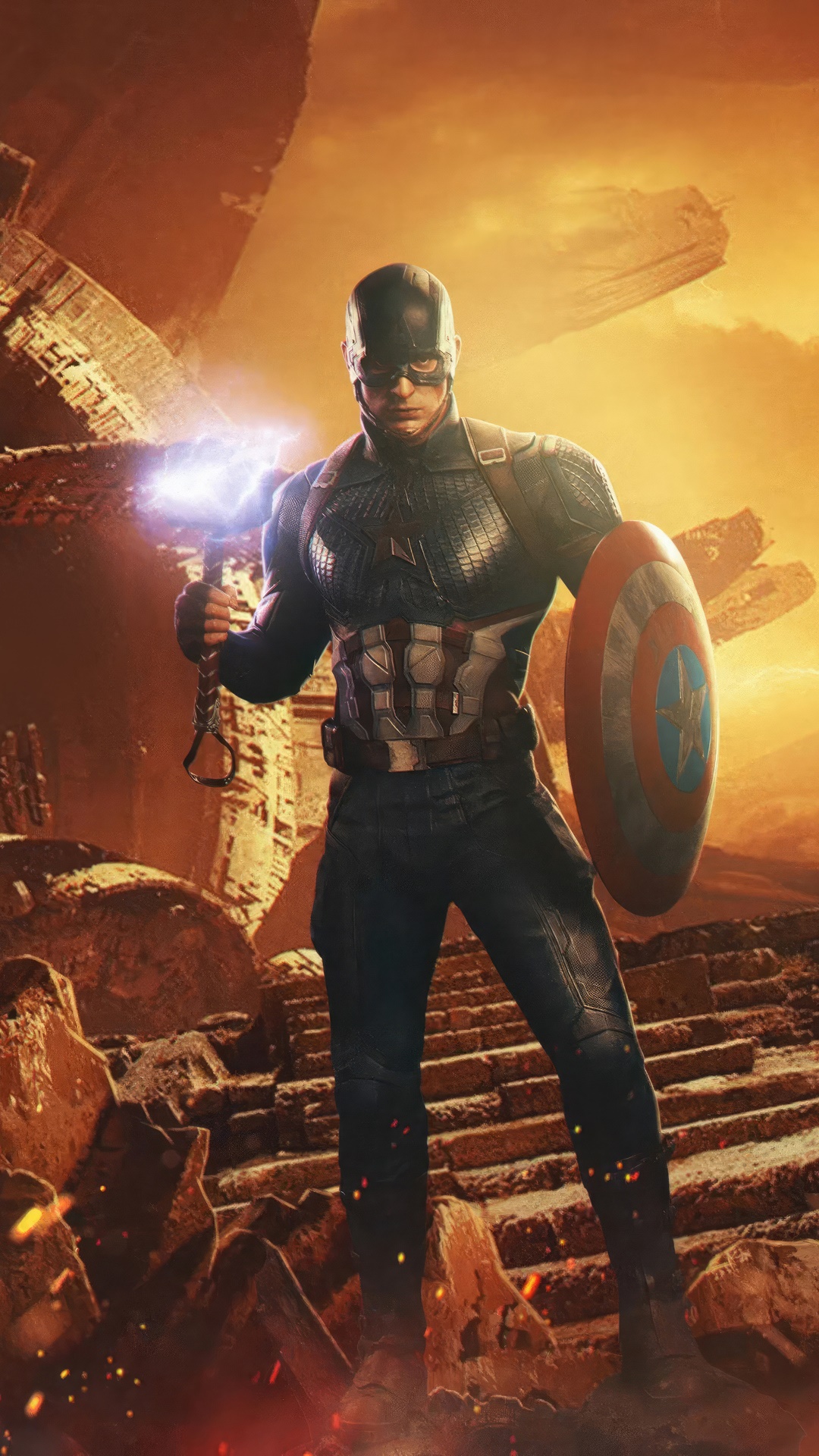 Captain America holding Mjolnir and his shield HD Phone Wallpaper