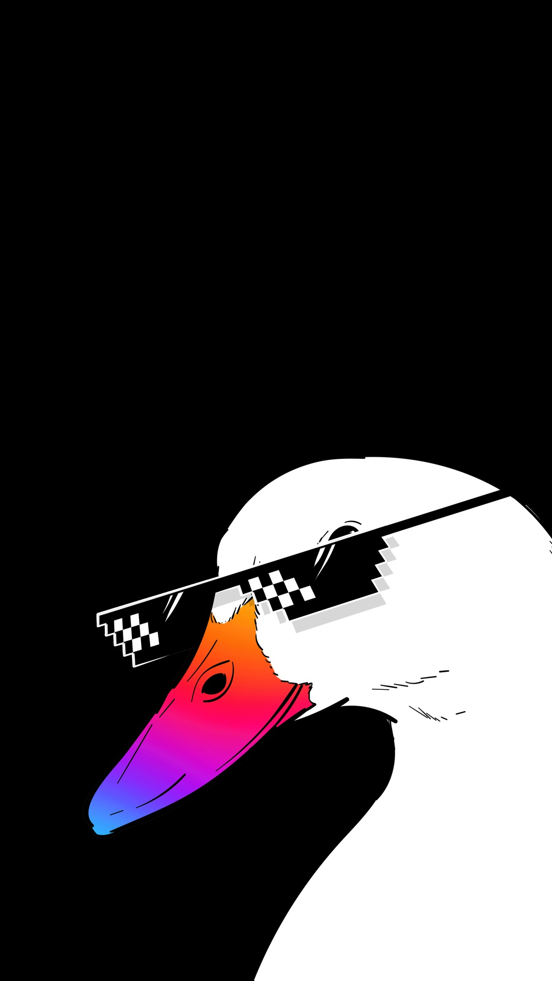 White duck wearing pixelated sunglasses and a rainbow beak HD Phone Wallpaper