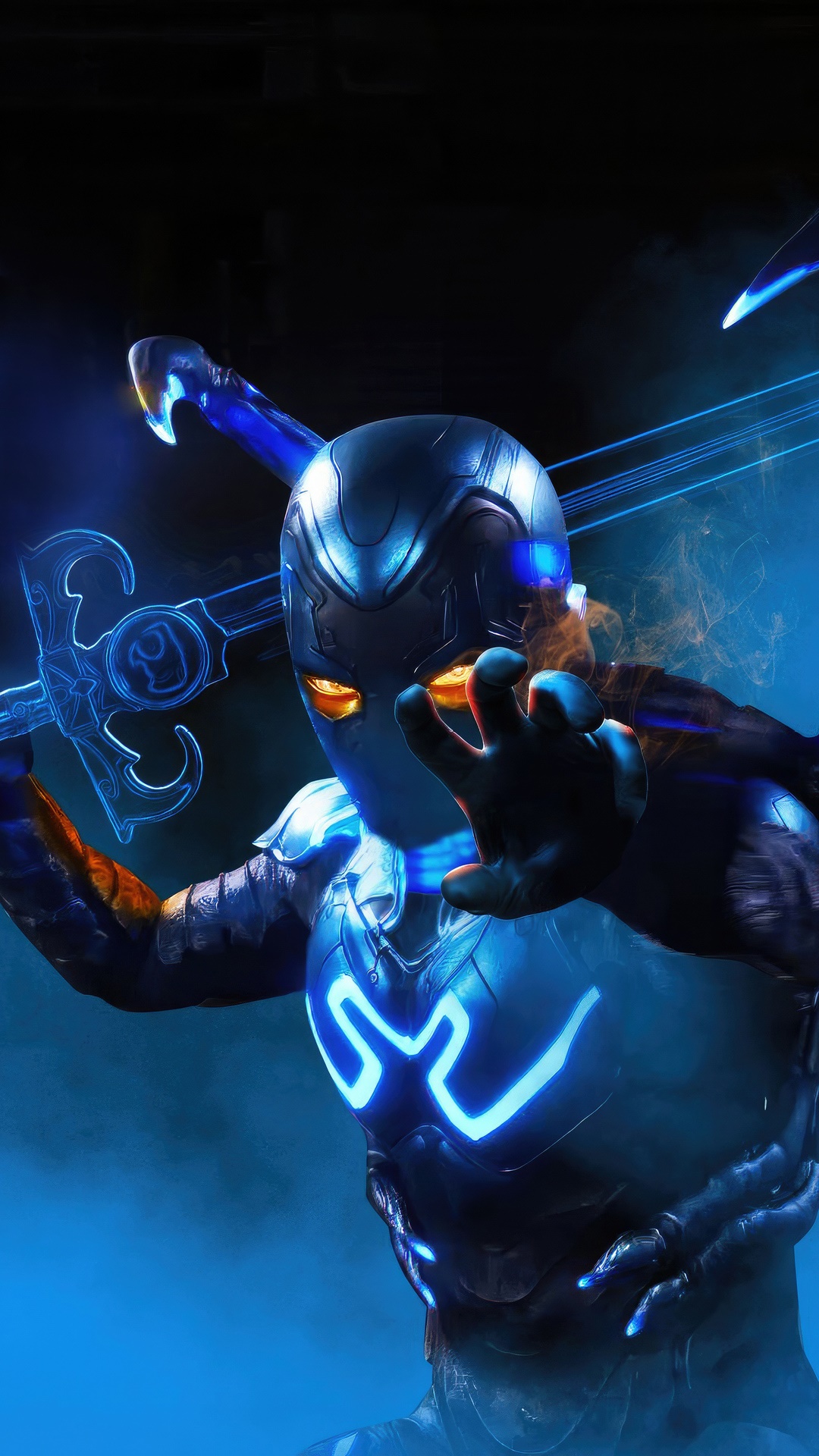Blue Beetle holding a sword in a movie HD Phone Wallpaper