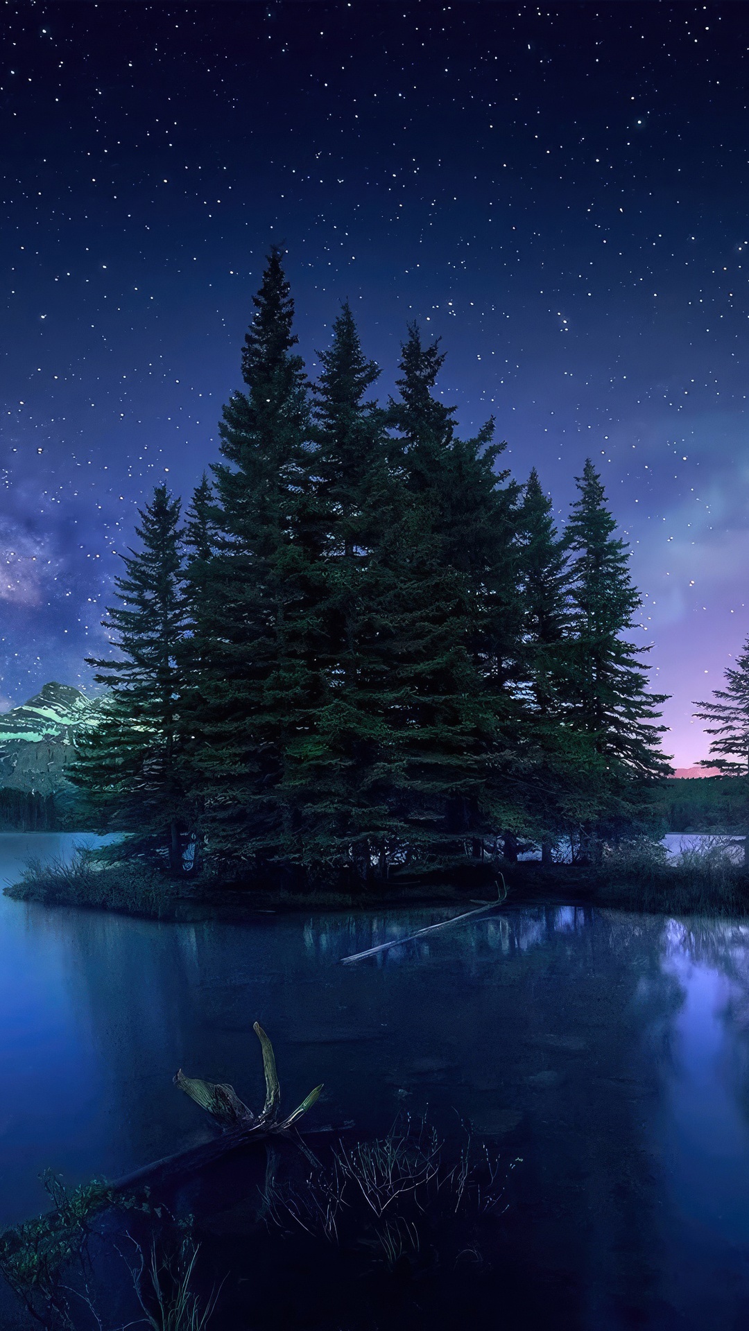 Trees reflected in a lake under a starry sky HD Phone Wallpaper