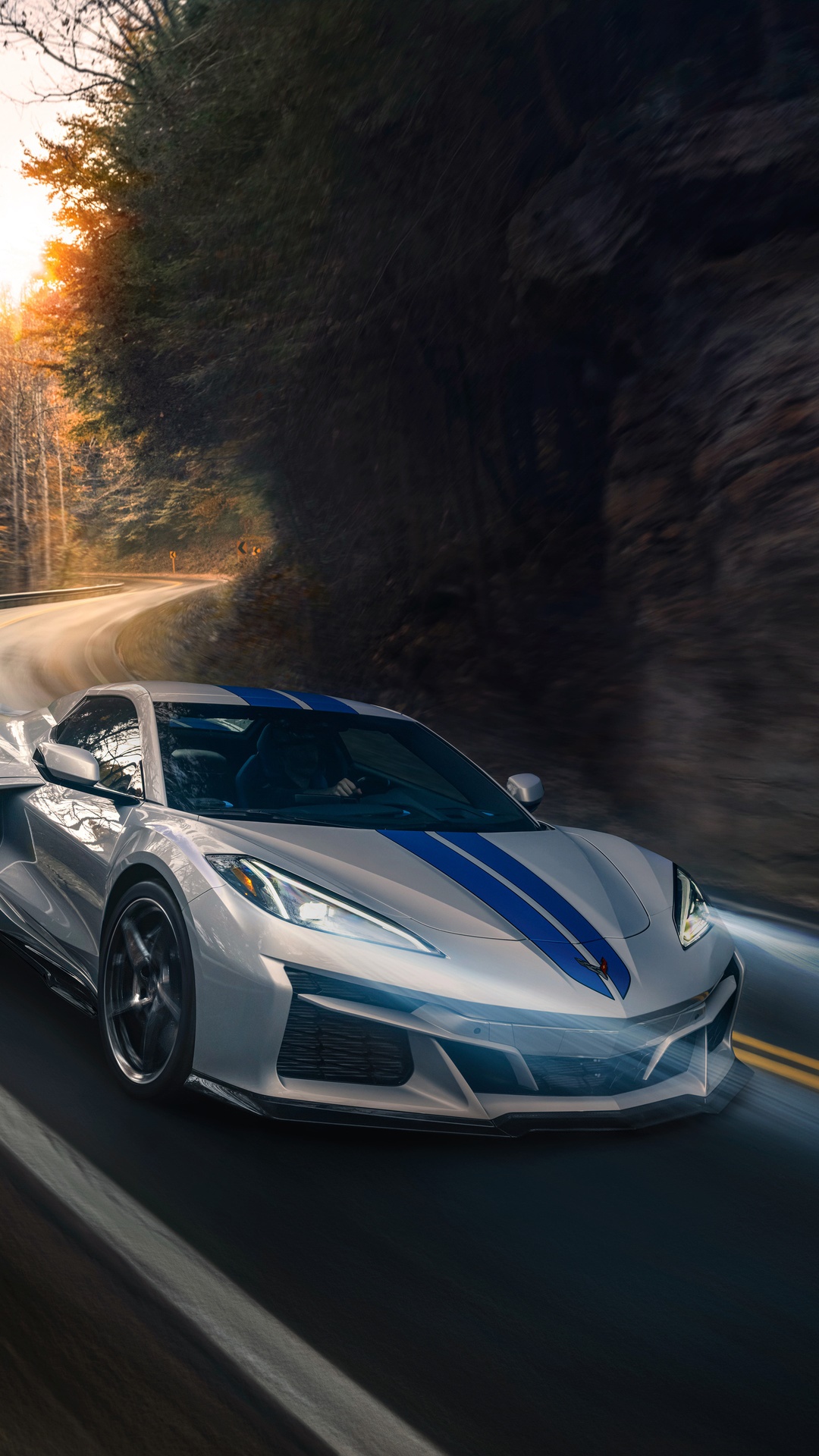 Silver Chevrolet Corvette E-Ray with Blue Stripes on Road HD Phone Wallpaper