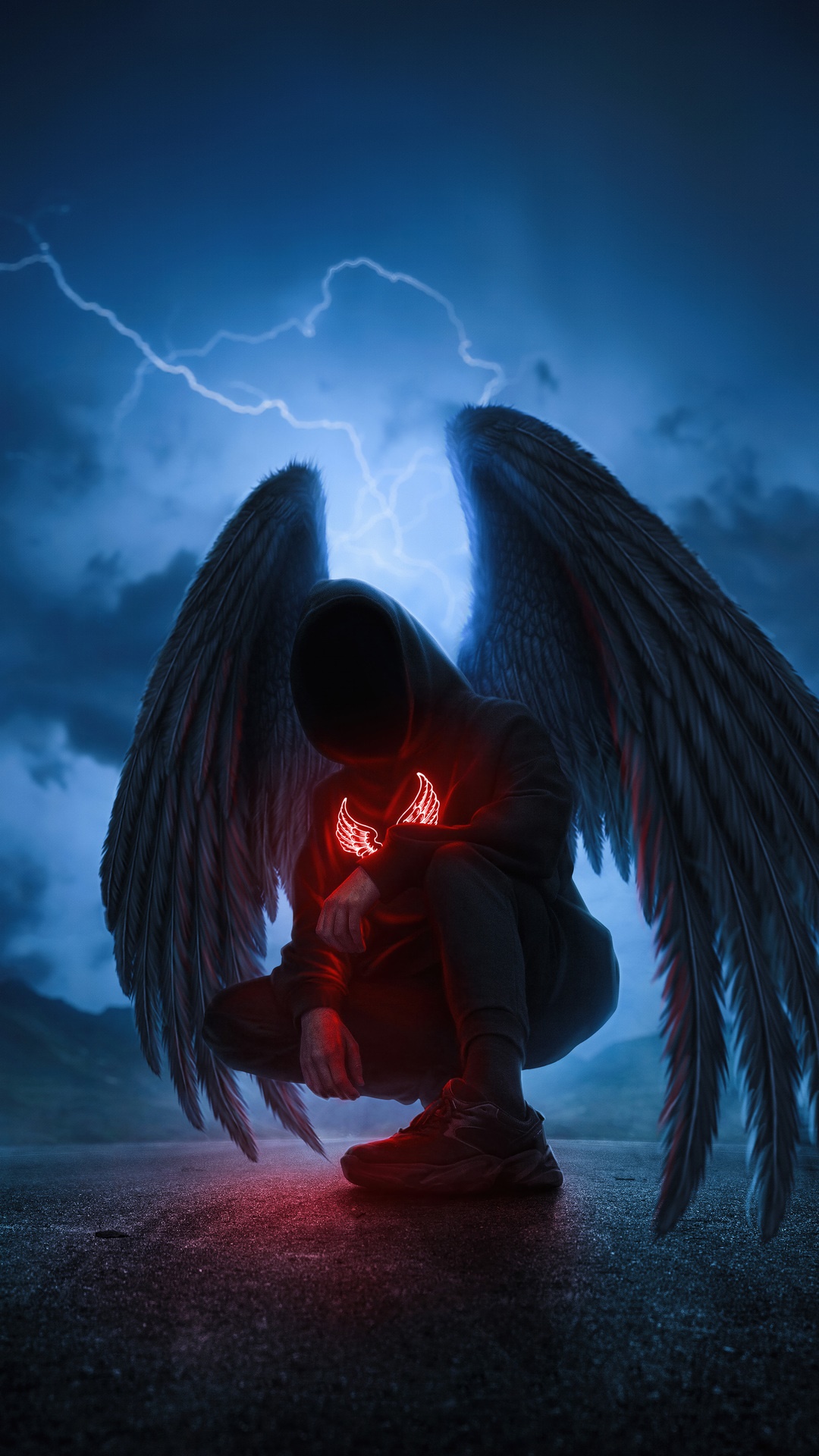 Dark angel with wings and lightning HD Phone Wallpaper