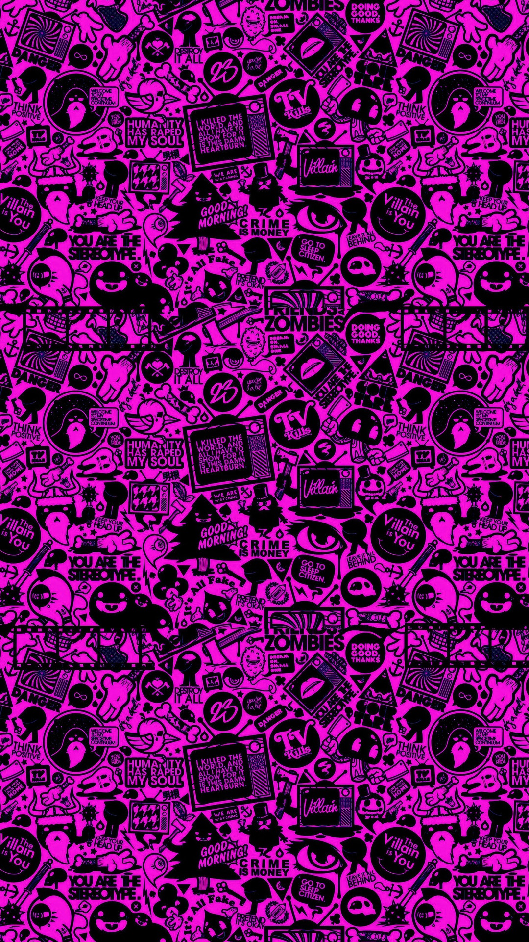 Pink and black collage of cartoonish icons and text HD Phone Wallpaper