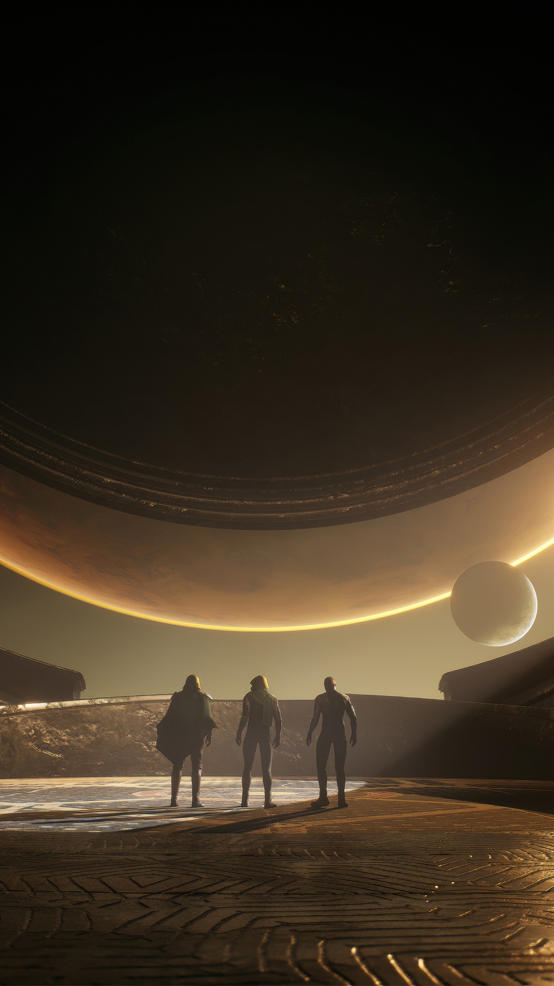 Dune: Awakening - Three figures stand before a colossal ring structure HD Phone Wallpaper