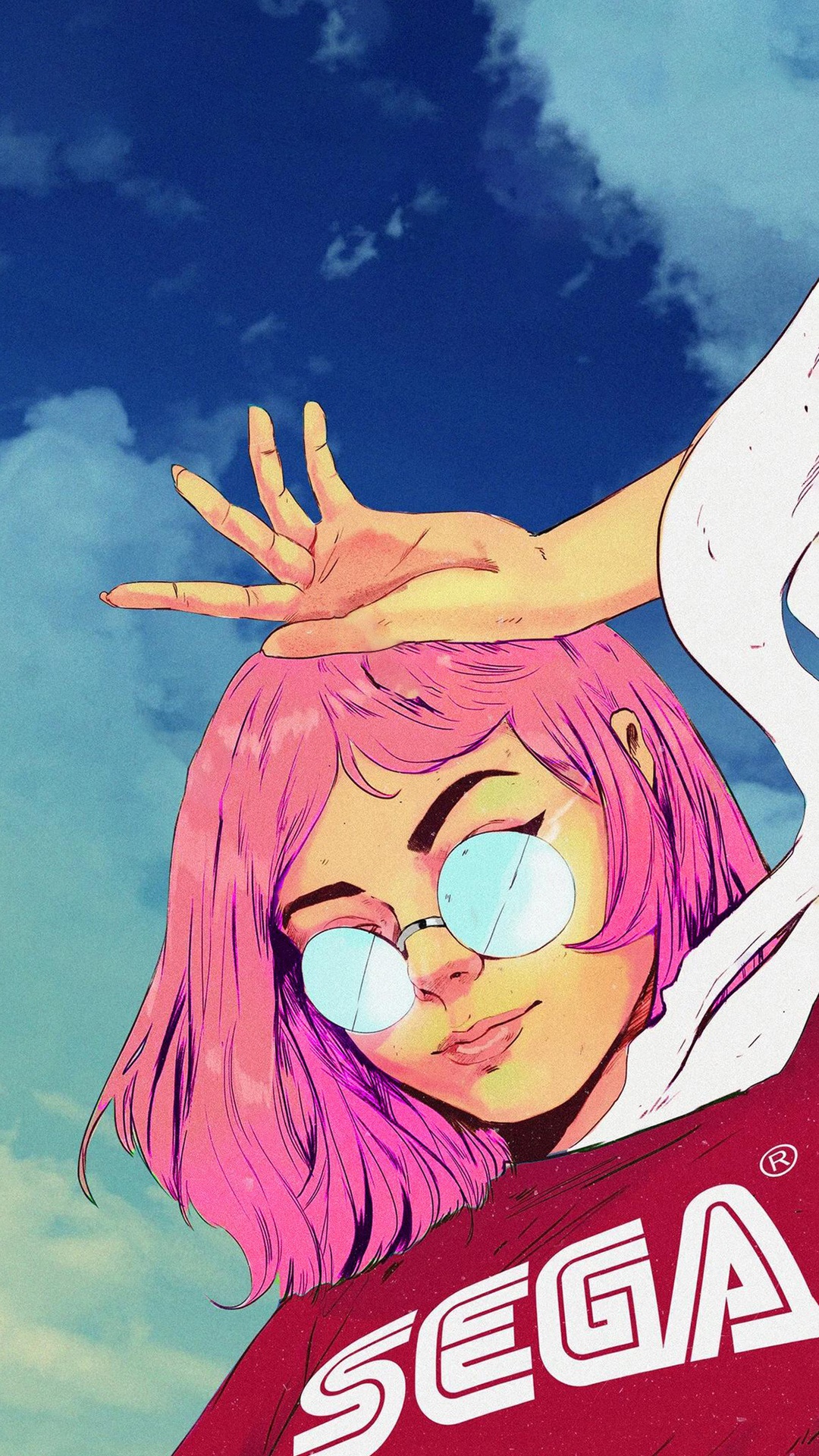 Sega artwork of a girl with pink hair and glasses HD Phone Wallpaper