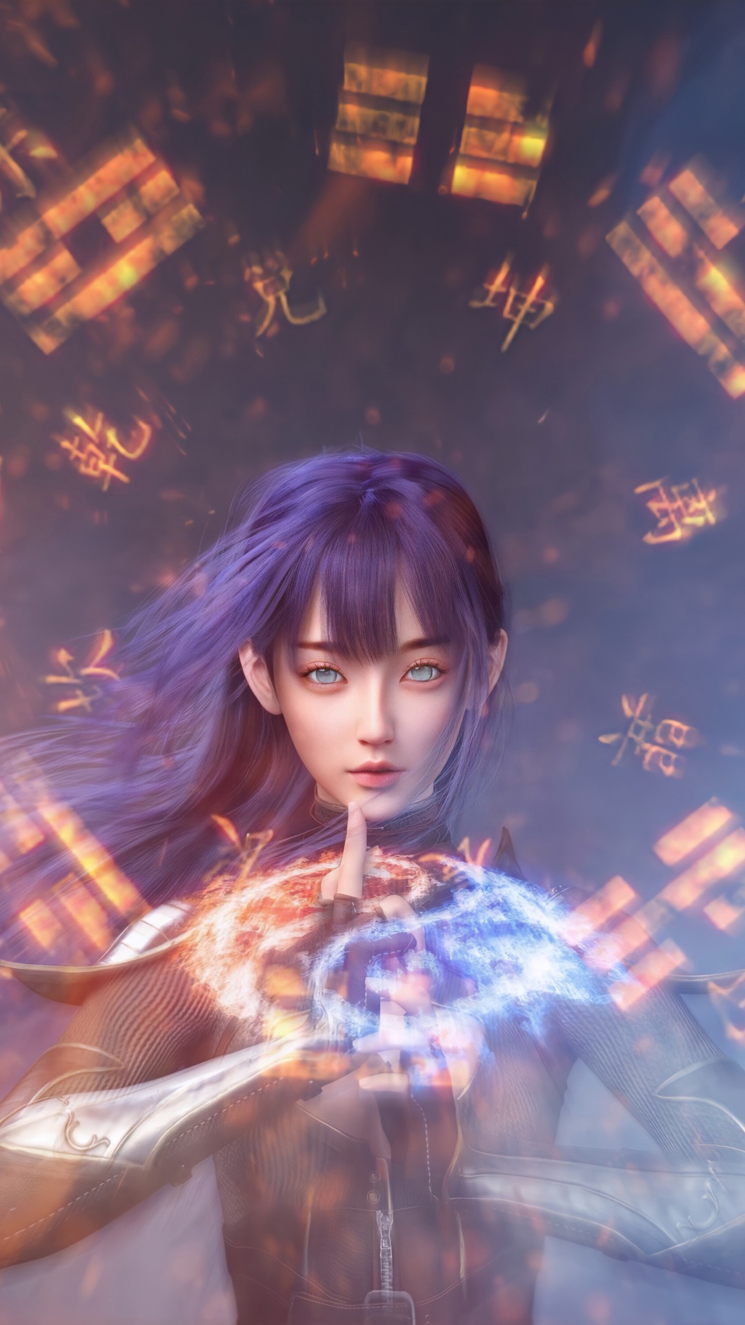 Fantasy artwork of a girl with purple hair casting magic HD Phone Wallpaper