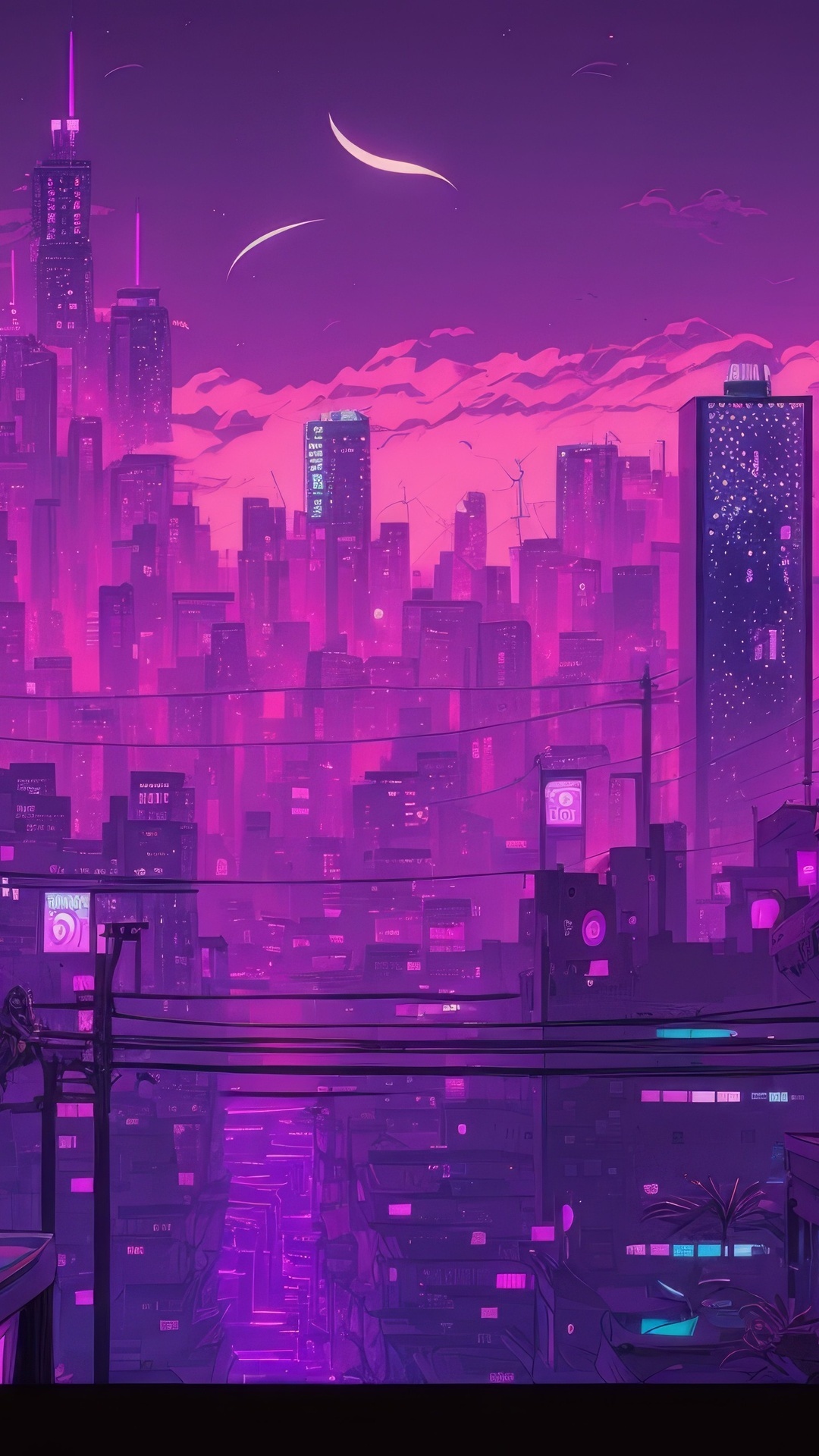 Digital art of a neon city skyline at night HD Phone Wallpaper
