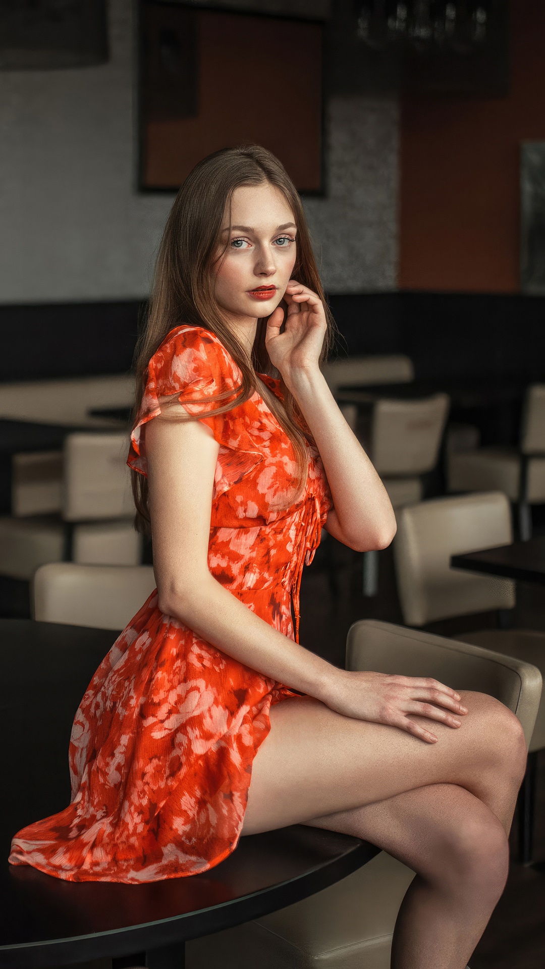 Brunette girl in an orange dress HD Phone Wallpaper