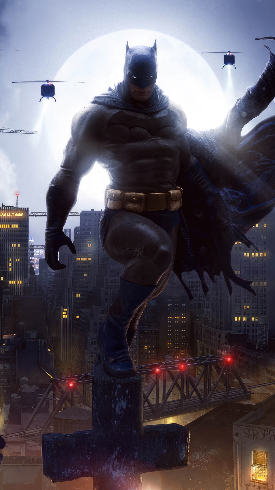 Batman standing on a building overlooking Gotham City HD Phone Wallpaper