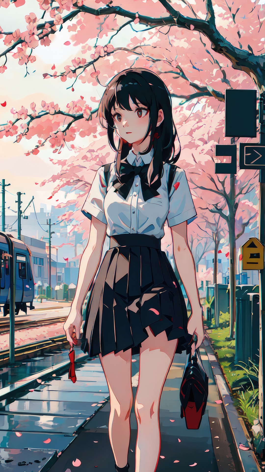 Anime girl in school uniform under cherry blossoms HD Phone Wallpaper