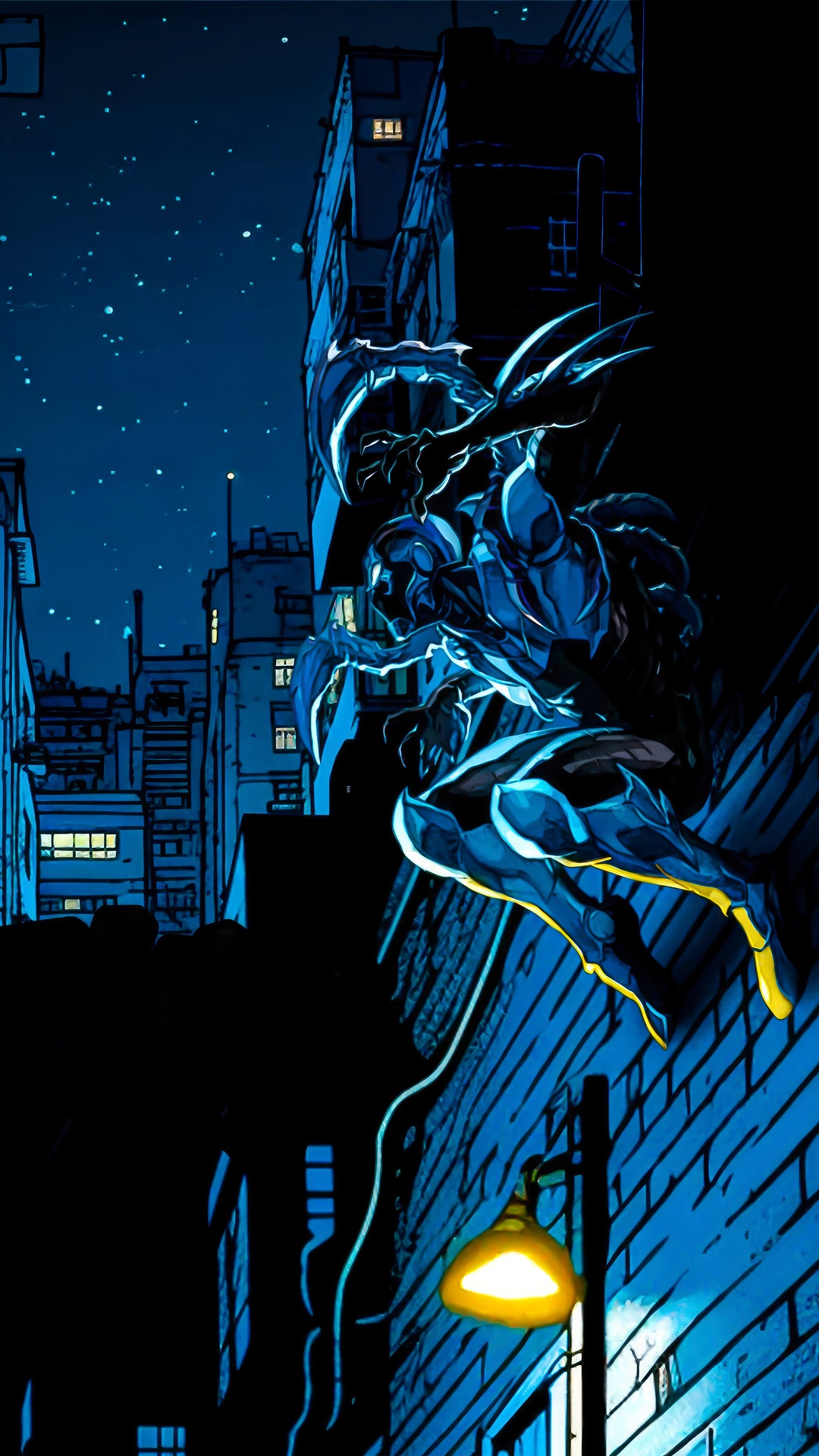 Blue Beetle perched on a building at night HD Phone Wallpaper