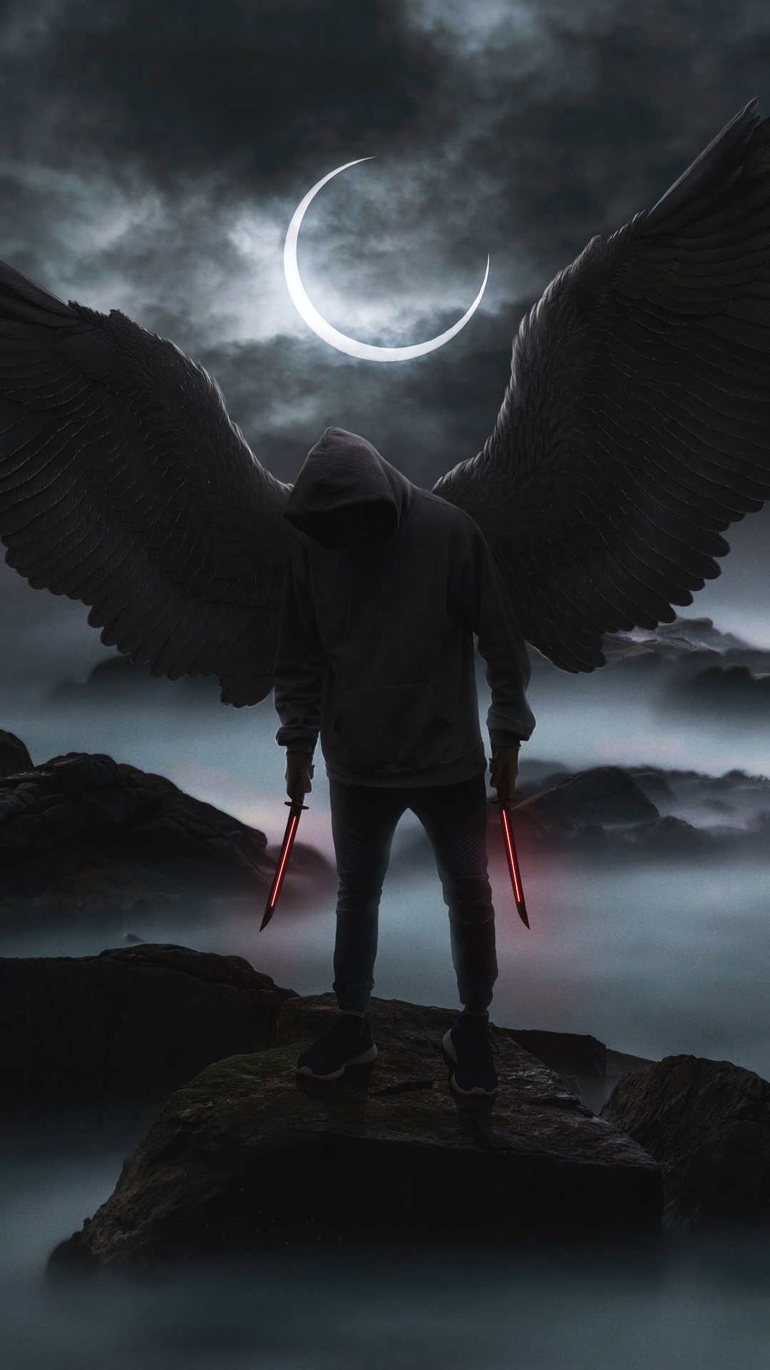 Dark Angel with Wings and Glowing Swords HD Phone Wallpaper