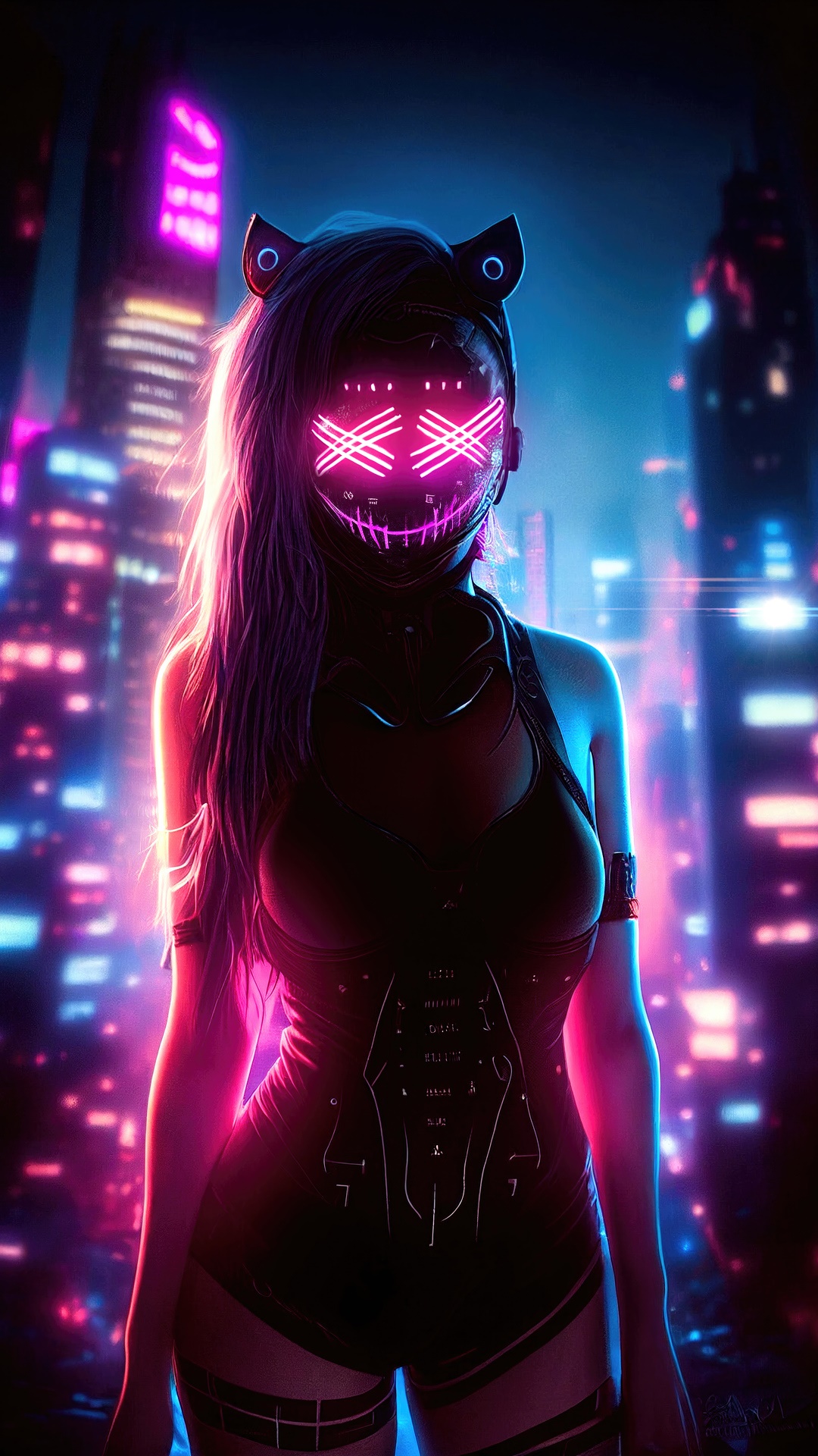 Sci-fi artwork of a woman in a neon mask HD Phone Wallpaper