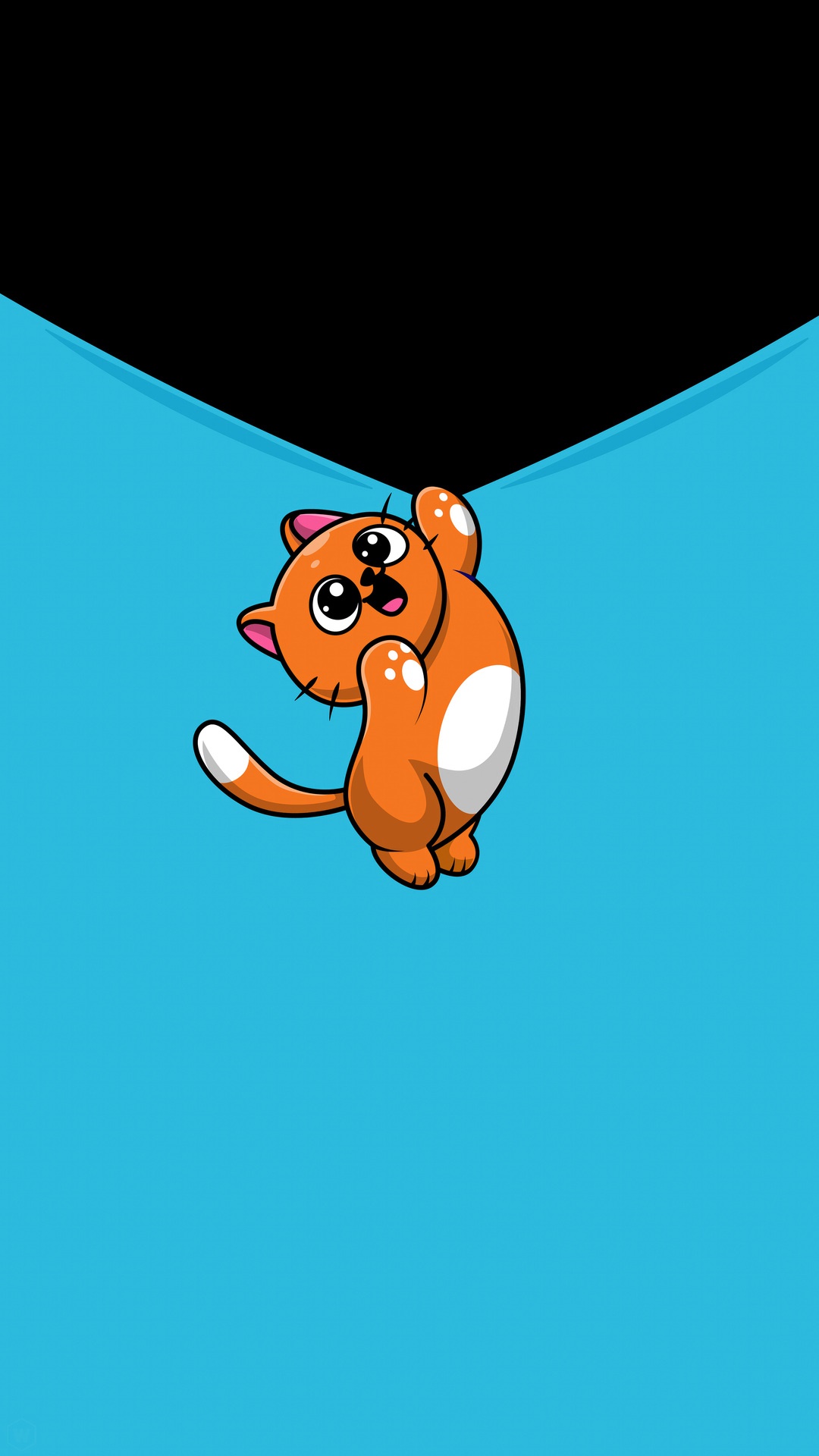 Cute orange cat hanging from a black and blue background HD Phone Wallpaper