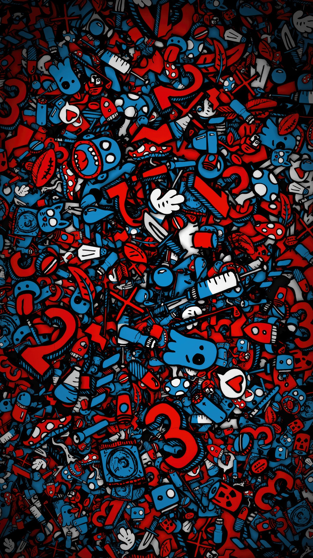Abstract artwork with red and blue cartoon characters and numbers HD Phone Wallpaper