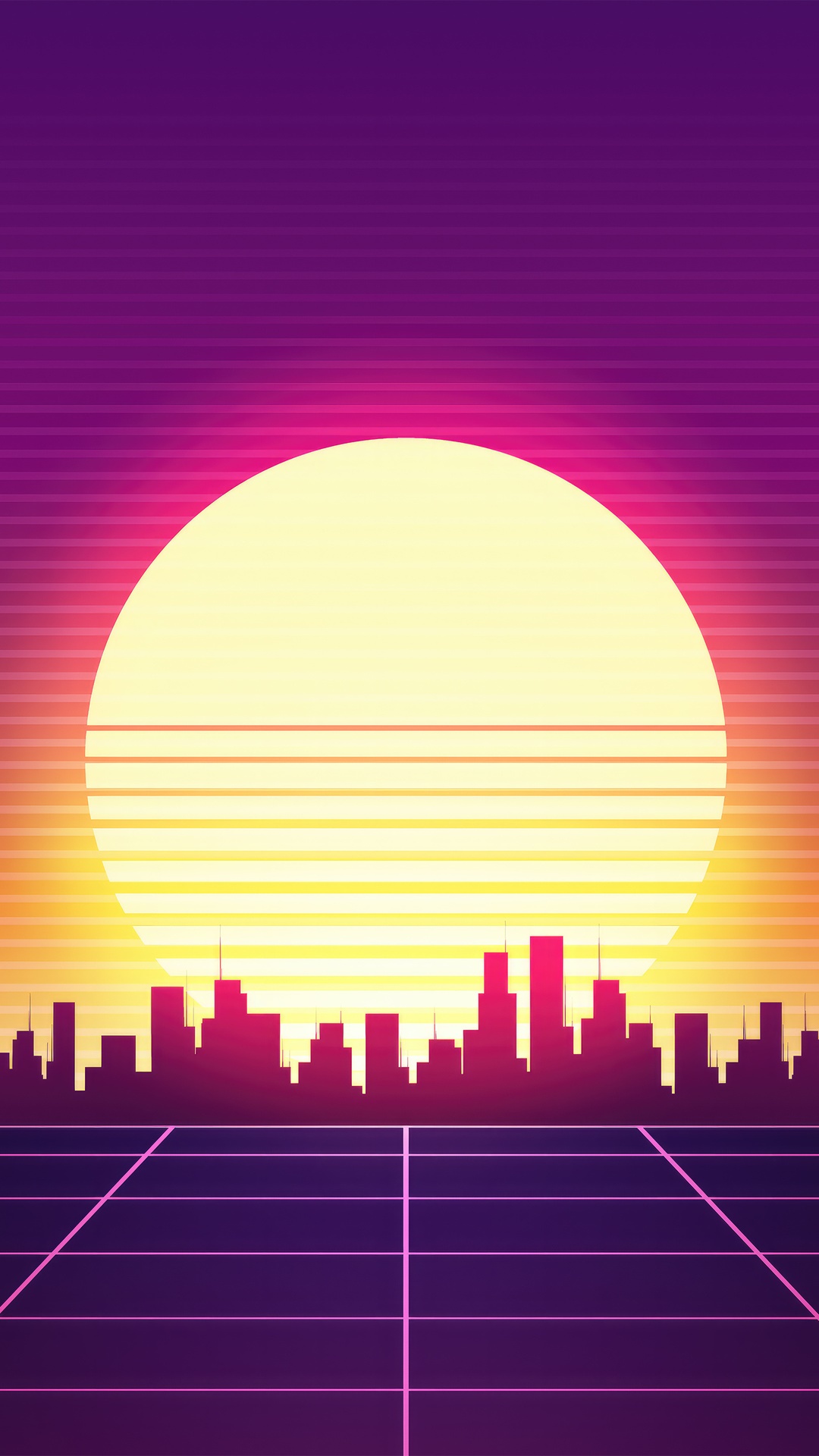 Retrowave cityscape with a large sun and grid HD Phone Wallpaper
