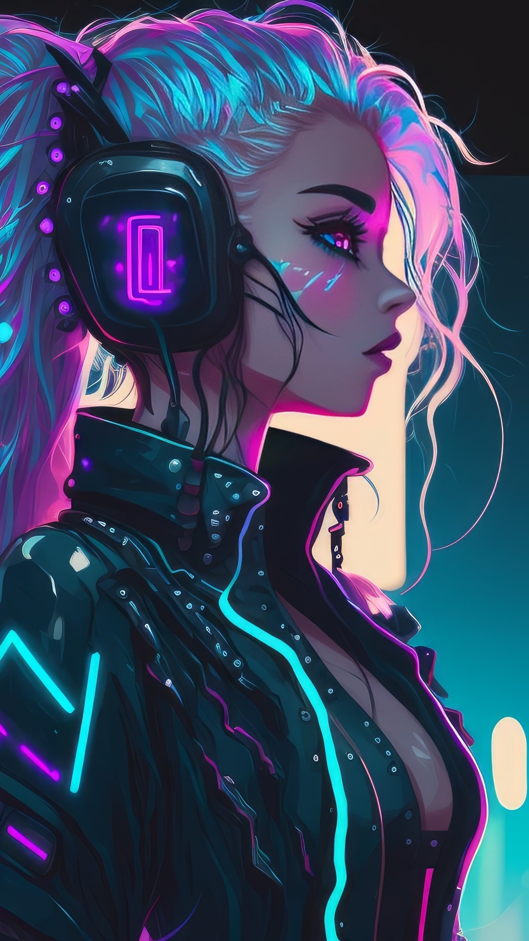 Fantasy Girl with Neon Headphones and Jacket HD Phone Wallpaper