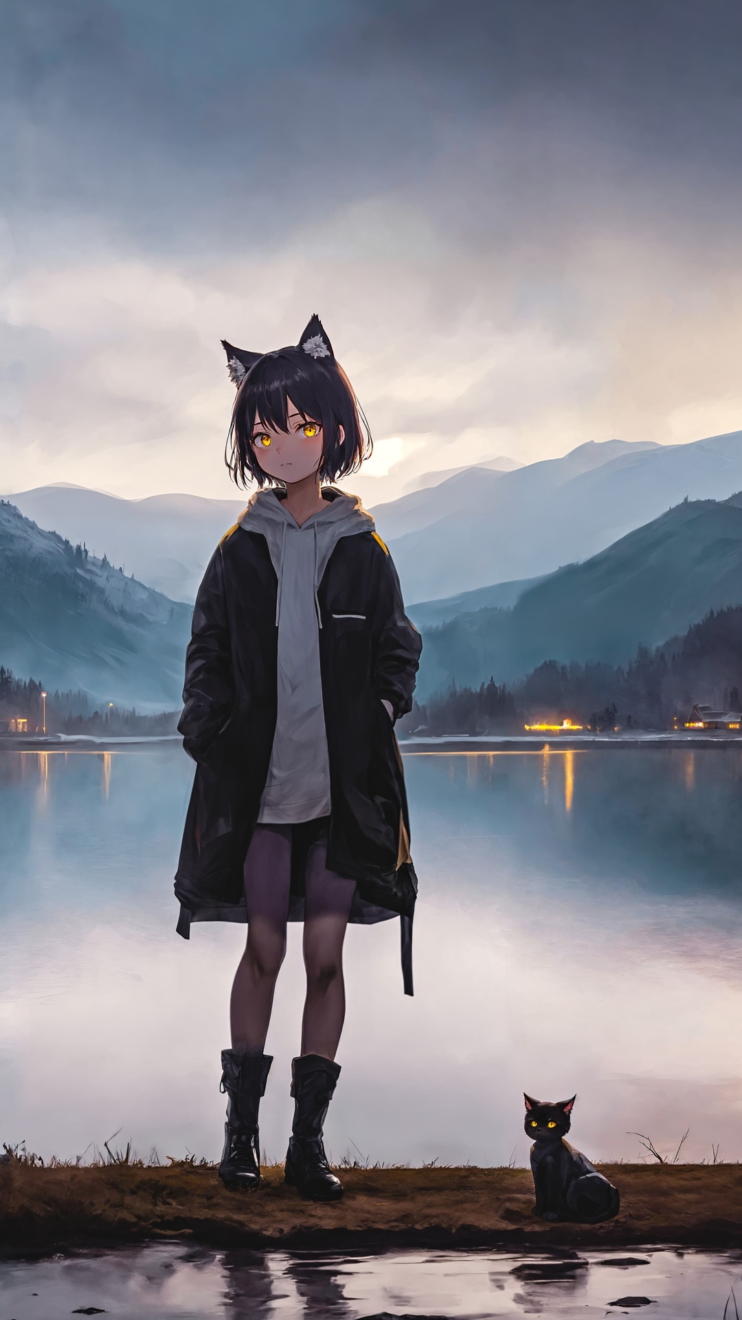 Anime girl with cat ears and black cat by lake HD Phone Wallpaper