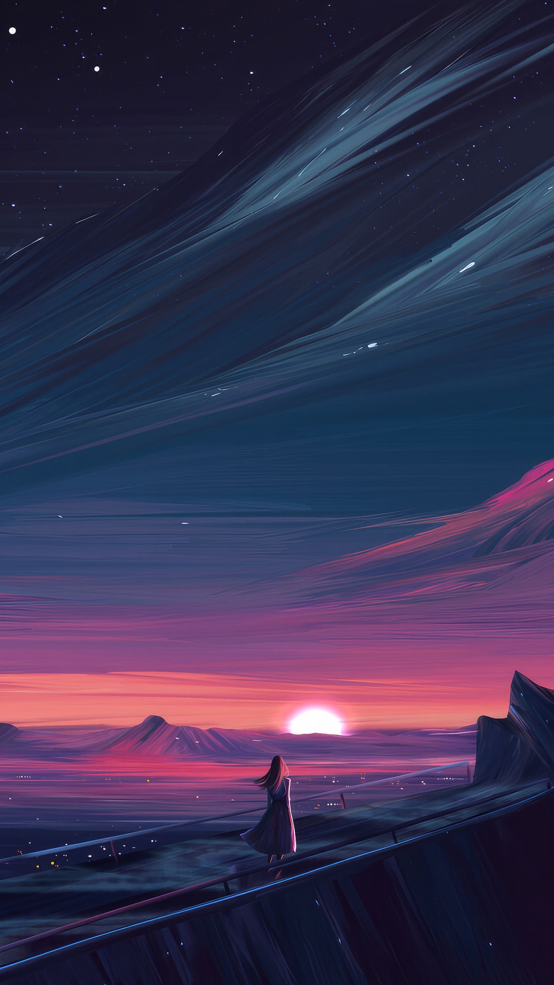Digital art of a woman watching the sunset over mountains HD Phone Wallpaper