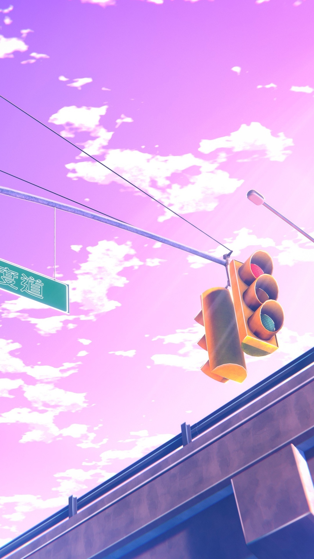 Anime traffic light and street sign against purple sky HD Phone Wallpaper