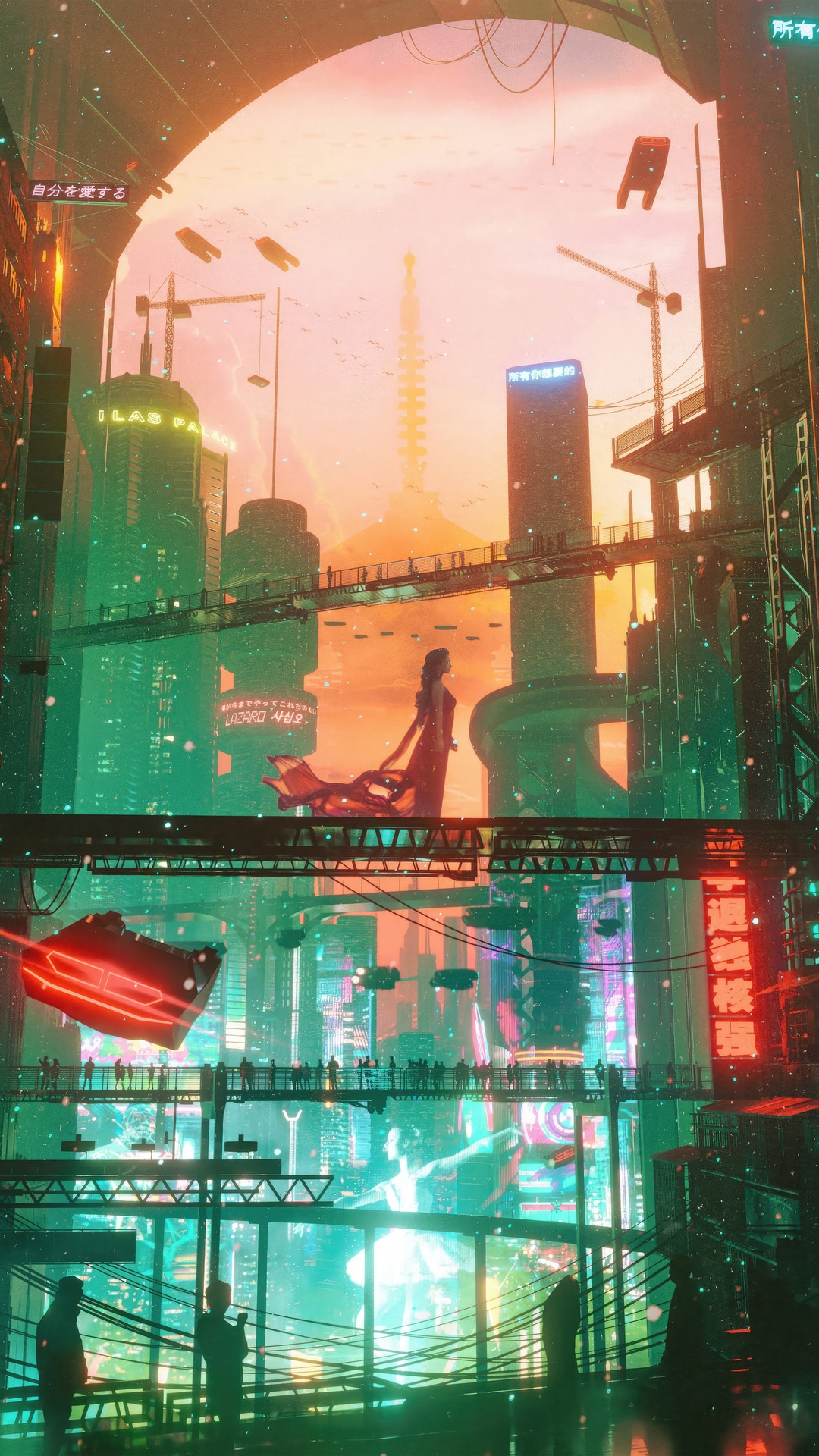 Cyberpunk city with flying vehicles and neon lights HD Phone Wallpaper
