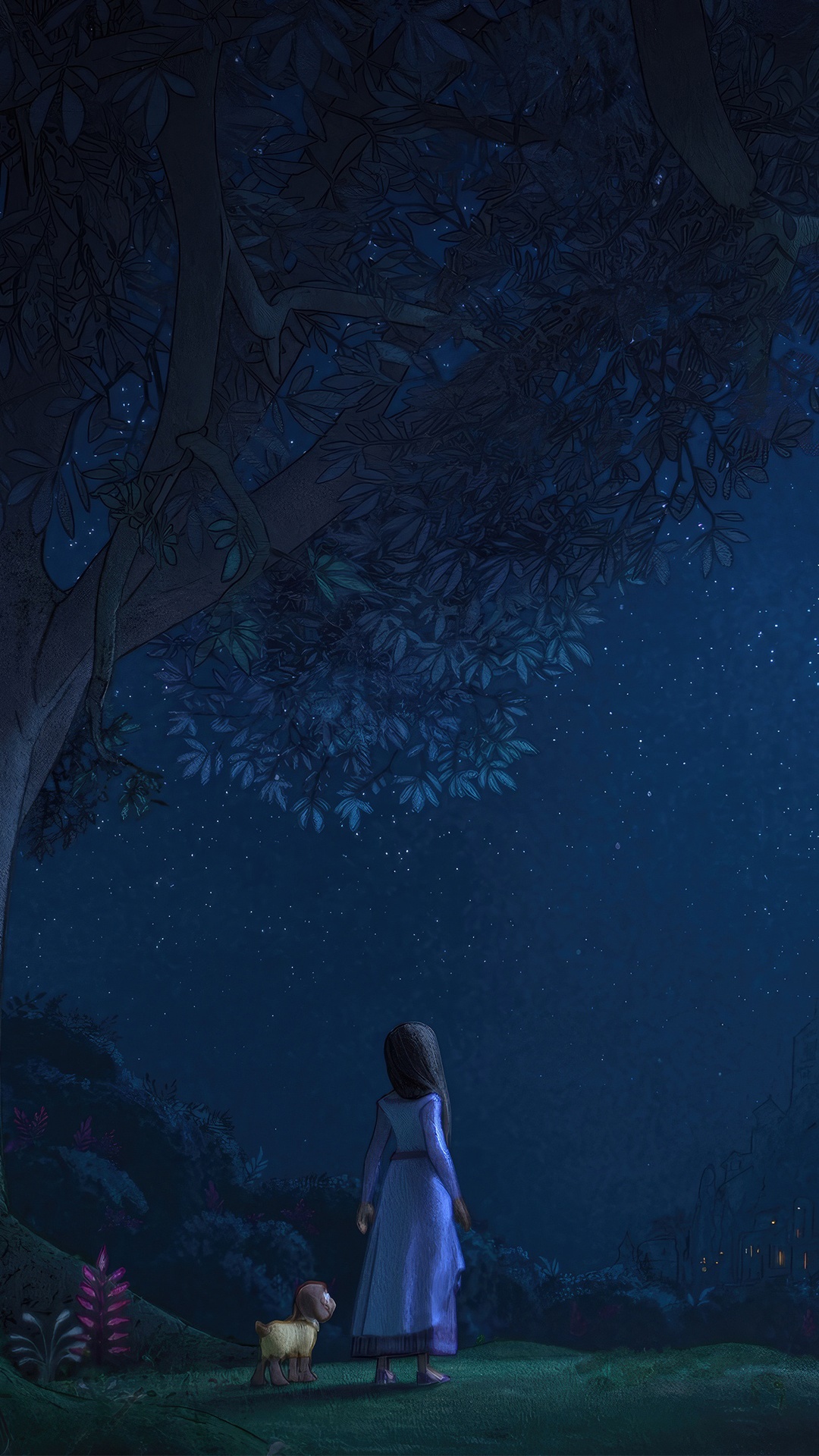 Girl and dog under a starry sky HD Phone Wallpaper