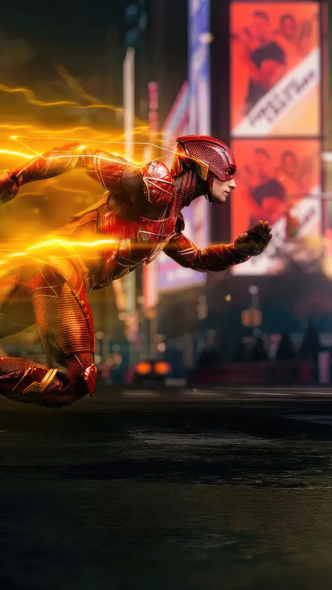 The Flash running through a city at night HD Phone Wallpaper