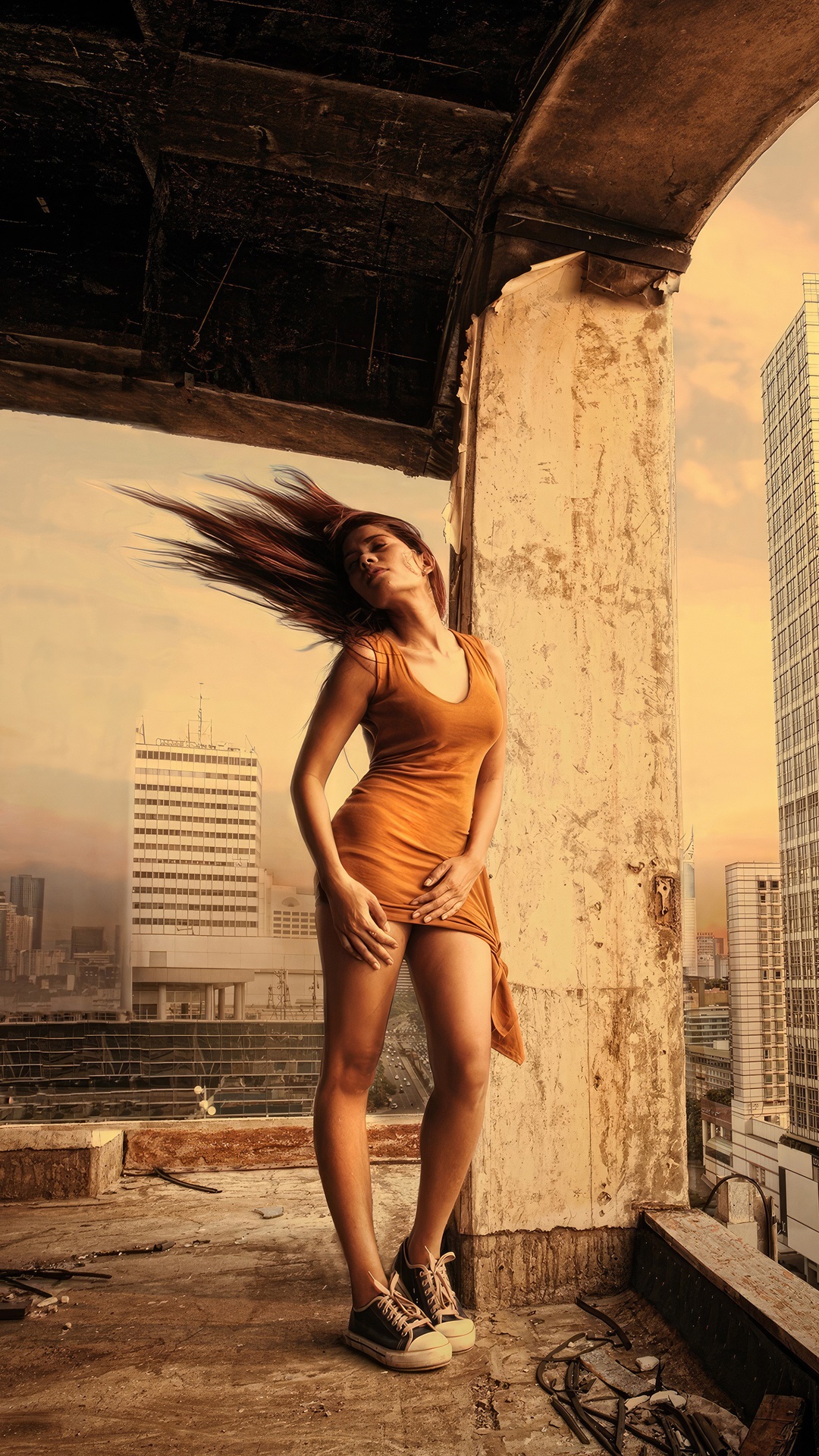 Woman in orange dress on a rooftop HD Phone Wallpaper