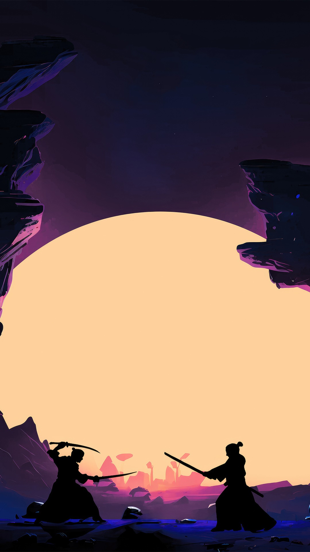 Samurai fight against a large sun HD Phone Wallpaper