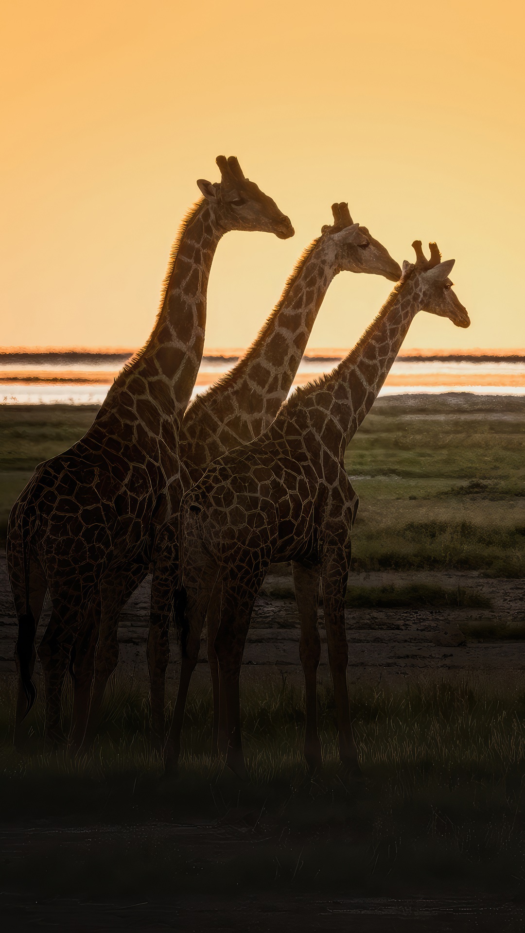 Three giraffes silhouetted against an orange sunset HD Phone Wallpaper