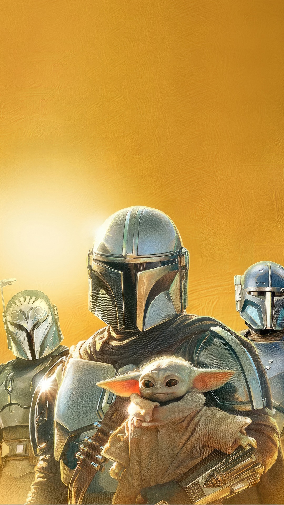 The Mandalorian and Grogu with other Mandalorians HD Phone Wallpaper