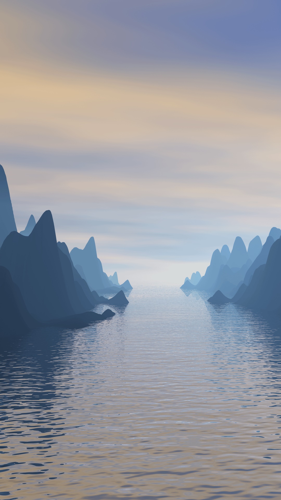 Digital art of a serene mountain landscape with a calm body of water. HD Phone Wallpaper