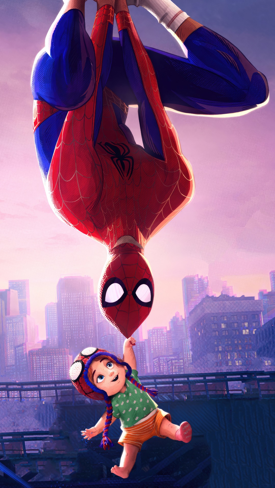 Spider-Man and a child hanging upside down HD Phone Wallpaper