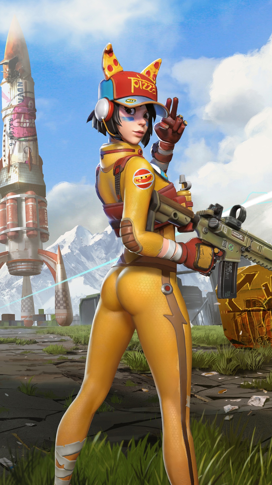 Farlight 84 character with pizza hat and rifle HD Phone Wallpaper