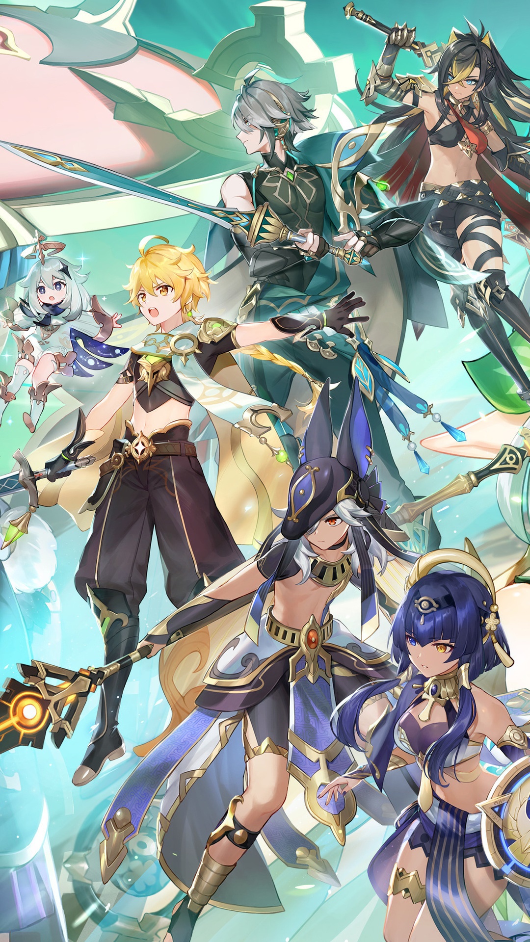 Genshin Impact characters Alhaitham, Cyno, Candace, and Aether HD Phone Wallpaper