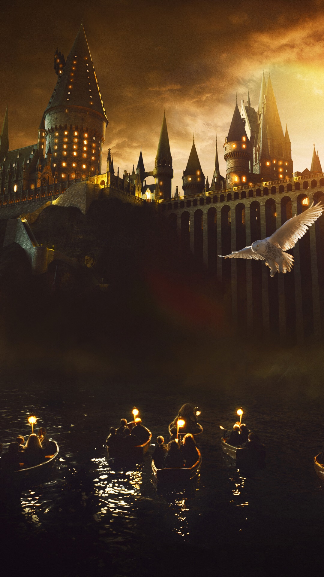Hogwarts Castle with boats and owl HD Phone Wallpaper