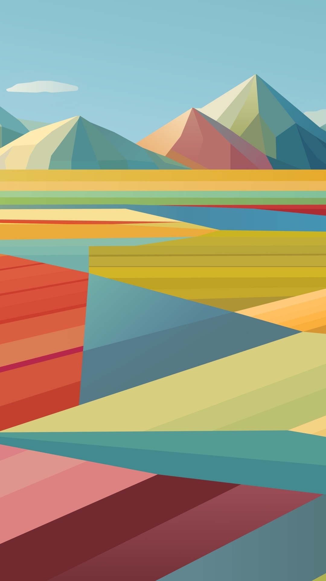 Colorful geometric landscape with mountains and fields HD Phone Wallpaper