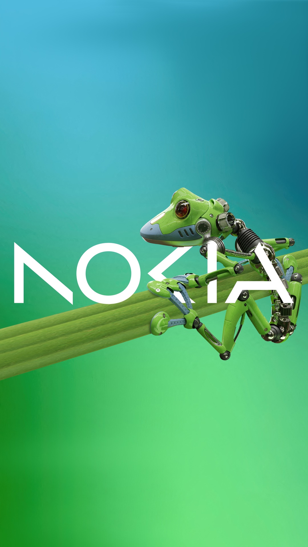 Nokia logo with a robotic frog on a green stem HD Phone Wallpaper