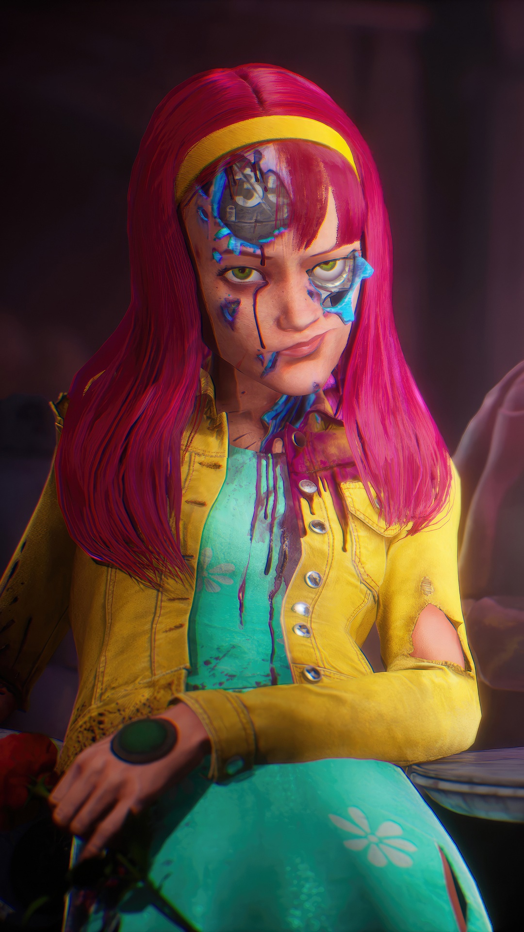 Girl with cybernetic face and pink hair HD Phone Wallpaper