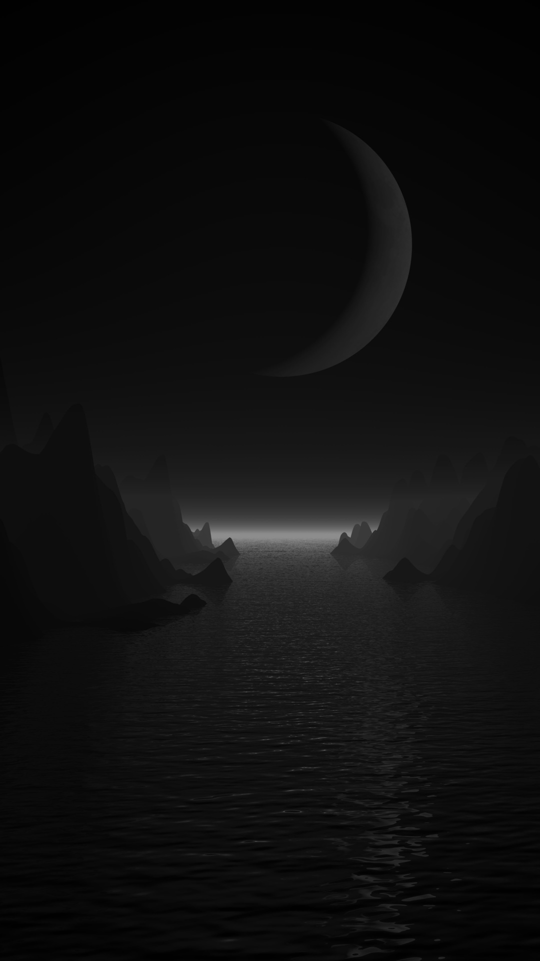 Dark Landscape with Crescent Moon Over Water HD Phone Wallpaper