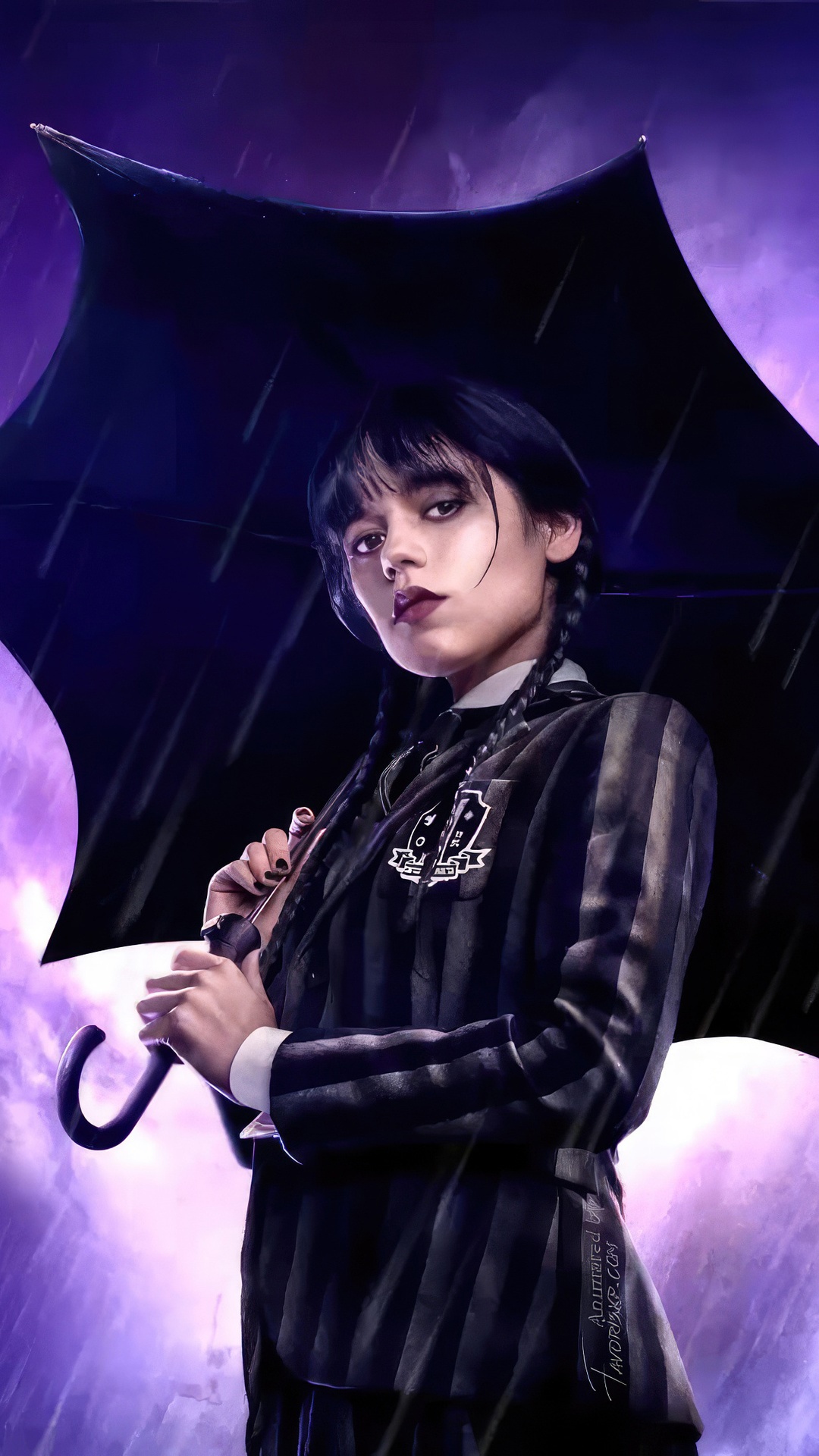 Wednesday Addams holding an umbrella in the rain 4K HD Phone Wallpaper