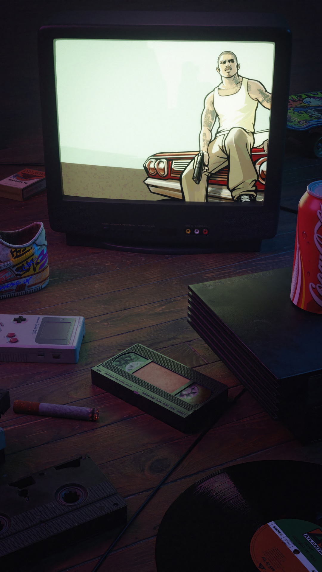 GTA artwork on a retro TV screen HD Phone Wallpaper