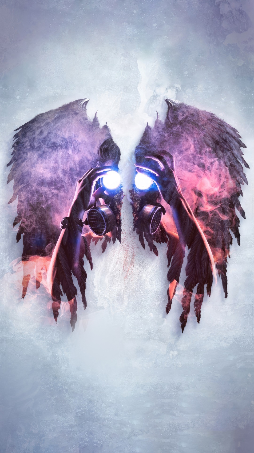 Angel wings with glowing orbs and hands HD Phone Wallpaper
